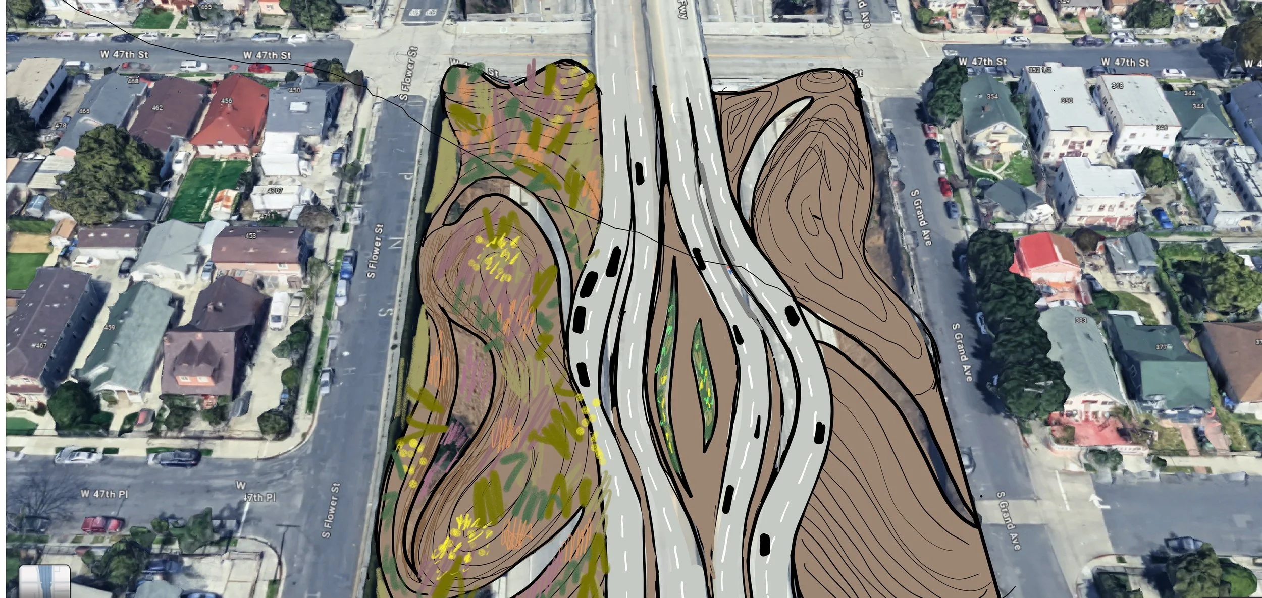 Illustrated landscape plan superimposed on an aerial view of a city street grid, showing a multi-level highway with surrounding areas of greenery, pathways, and planting zones along the highway.