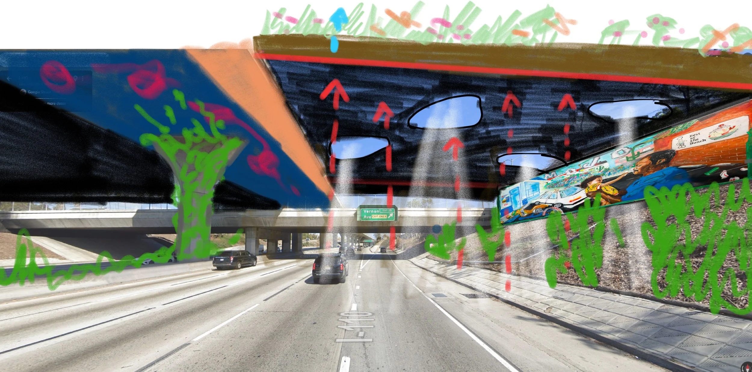 Illustrated diagram overlaying a highway to show water runoff redirection, with green vegetation, tunnel, and graffiti mural on wall.