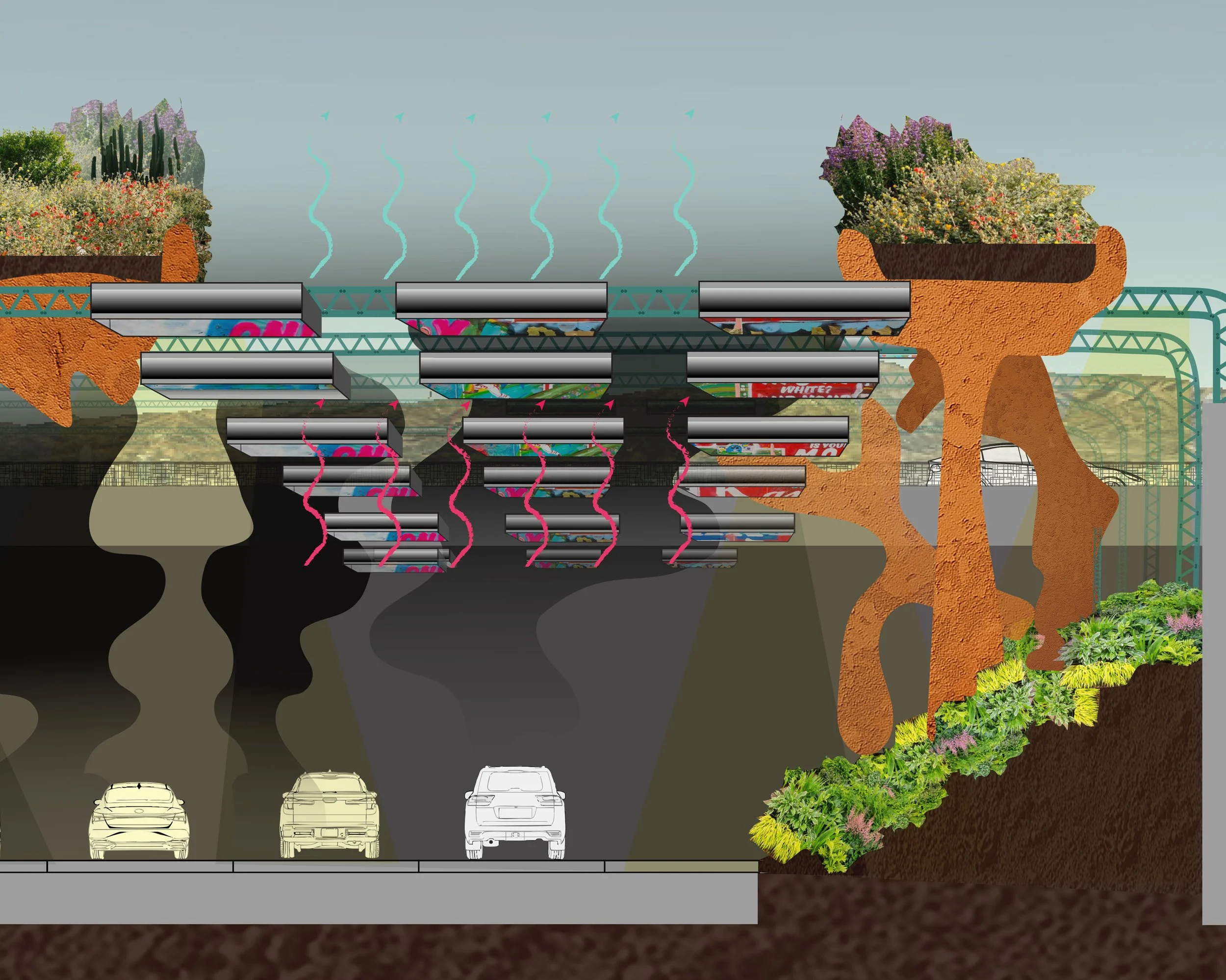Cross-section diagram of a highway featuring art installations that are also carbon filtration systems, living walls, with plants and flowers on the surface.