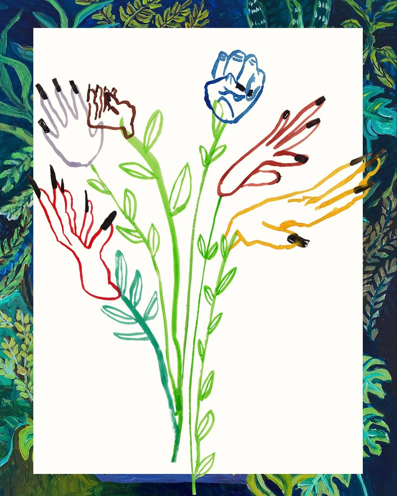 A colorful drawing of hands and fists in different colors emerging from a plant with green stems and leaves, set against a white background, framed by a lush green leafy border.