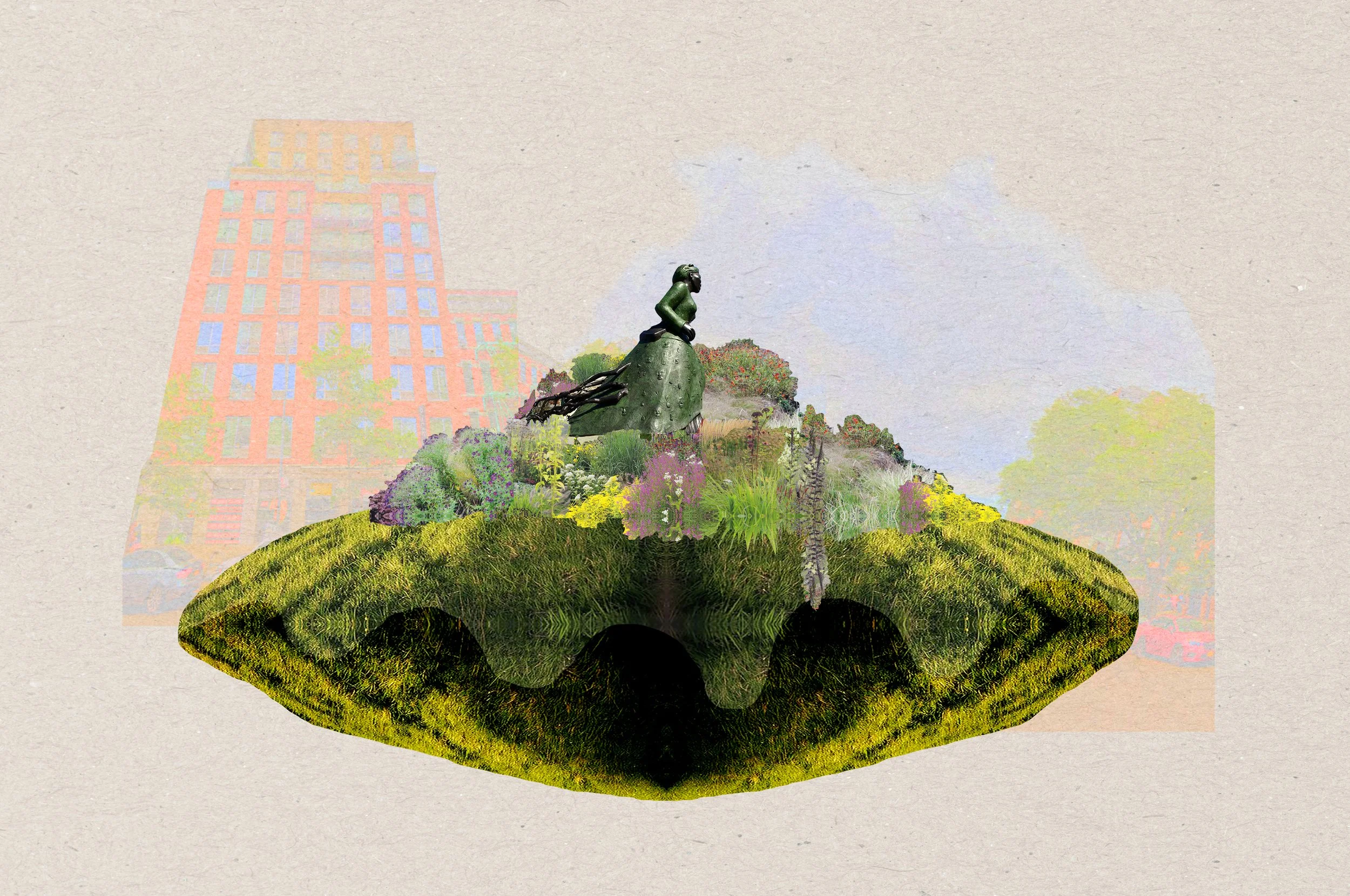 A mixed-media artwork featuring a hilly landscape with a garden, a sculpture of a woman, and a cityscape with tall buildings in the background.