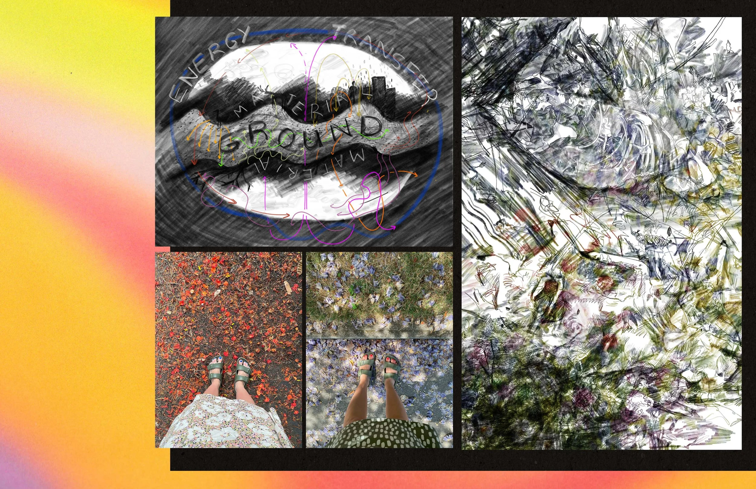 A collage of four images. The top left shows a black and white sketch of lips with the word 'LOVE' inside, surrounded by colorful lines and words. The bottom left and center images display different ground-level photos of people's feet wearing sandal