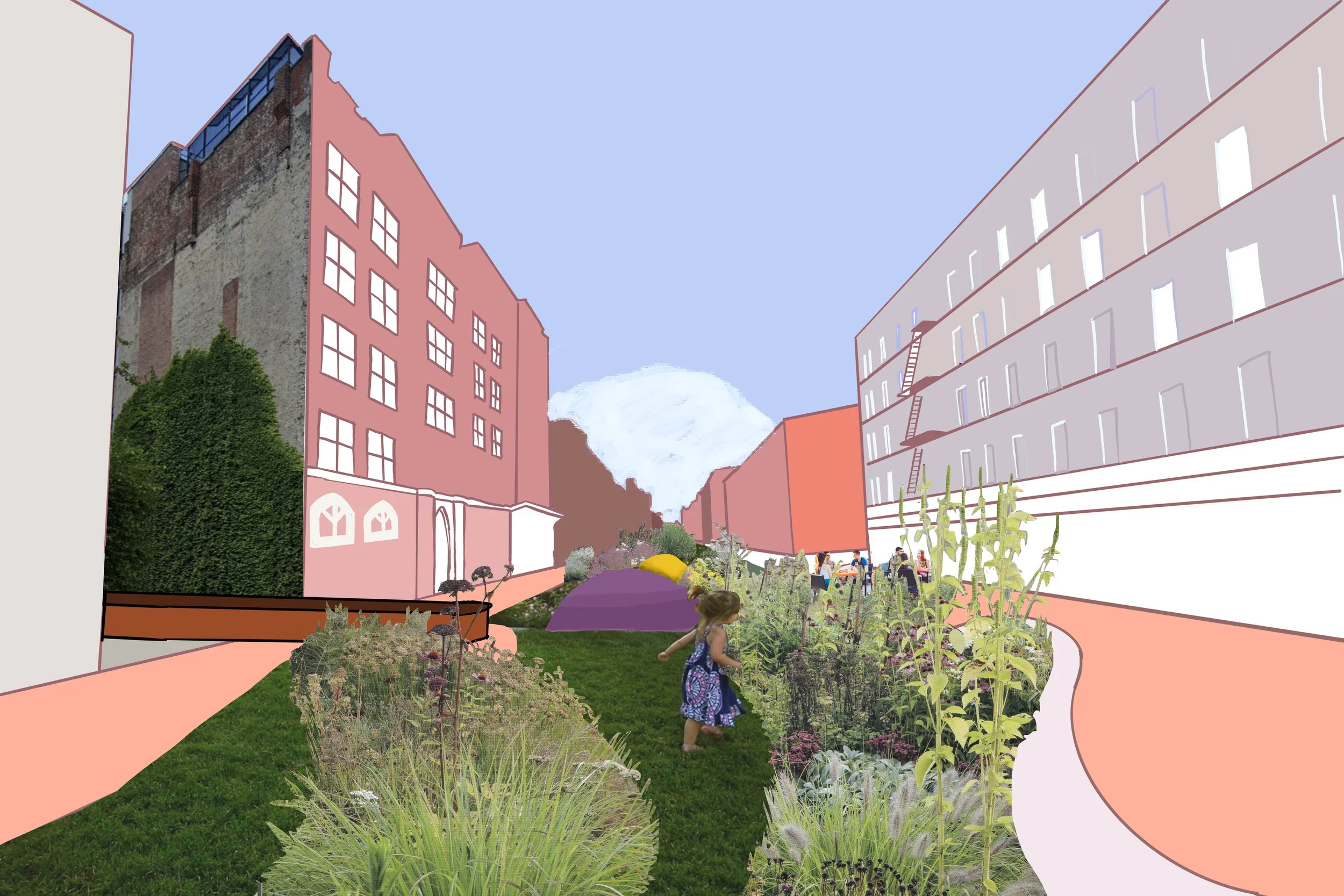 A digitally illustrated urban park scene with a child in a blue dress playing among flowers and greenery, surrounded by tall buildings on either side and a mountain in the background.