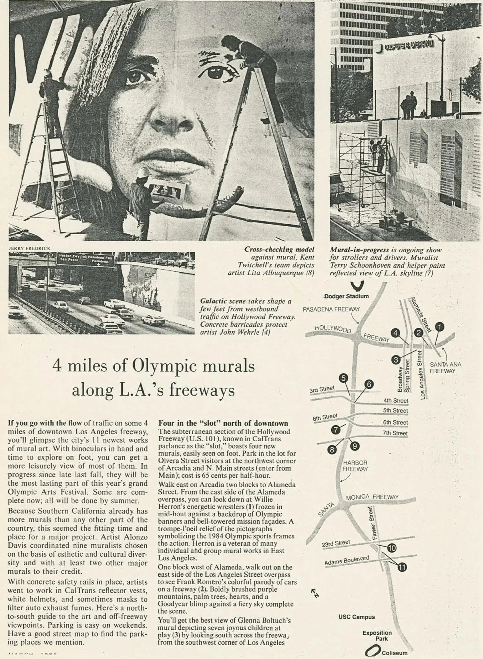 Black and white newspaper clipping showing a mural being painted on a wall with three artists and ladders. Maps and captions detail murals along Los Angeles freeways.