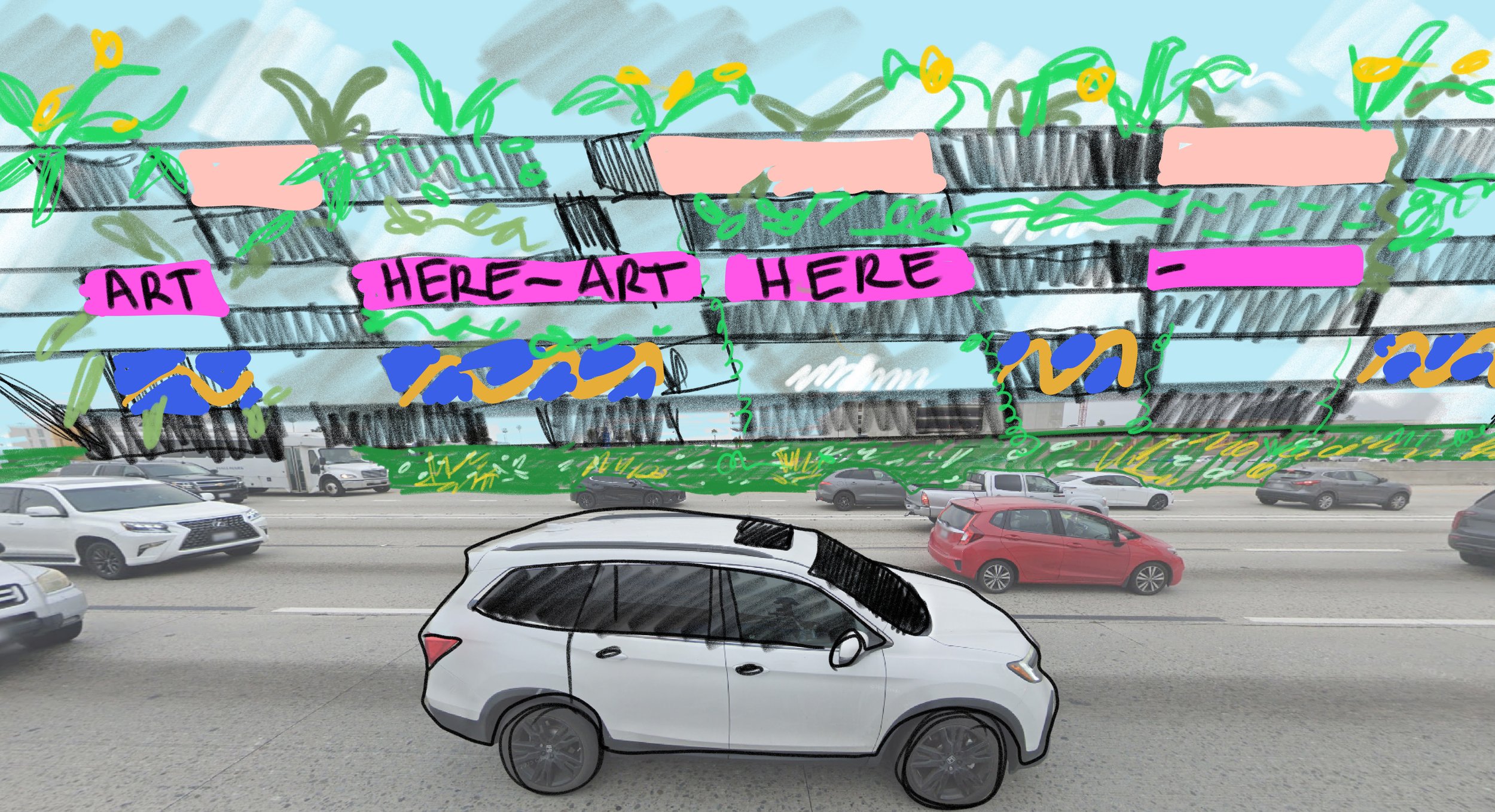 A highway with multiple cars in traffic, overlaid with a colorful, hand-drawn illustration of a modern building with several stories. The building features pink, black, and gray colors, with some green plants and yellow details. Pink labels with blac
