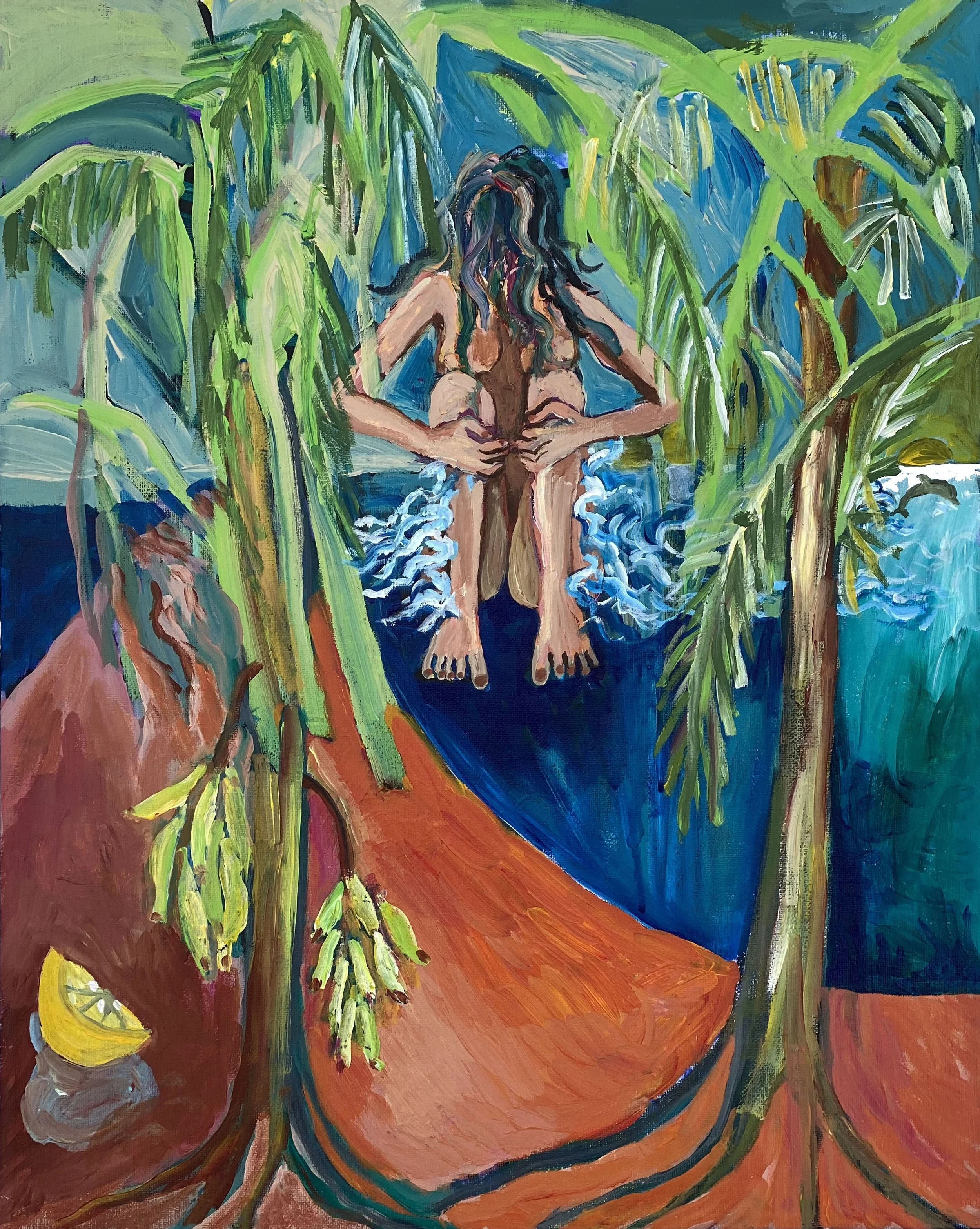 A colorful painting of a woman sitting cross-legged on a swing beneath two large green trees with hanging branches, surrounded by tropical foliage.