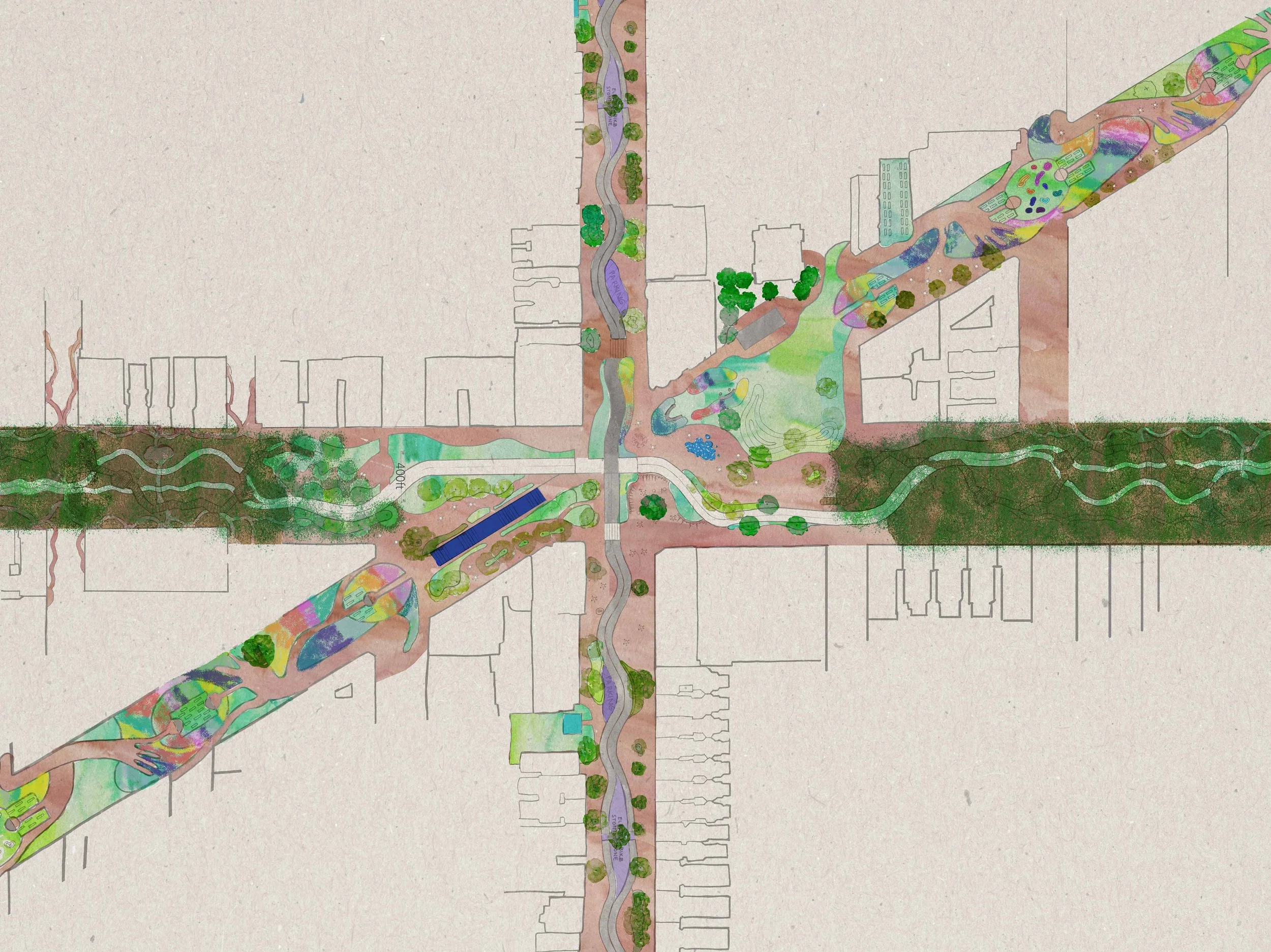 A colorful landscape design or urban park layout with pathways, green spaces, trees, and water features, overlaid on an urban grid.