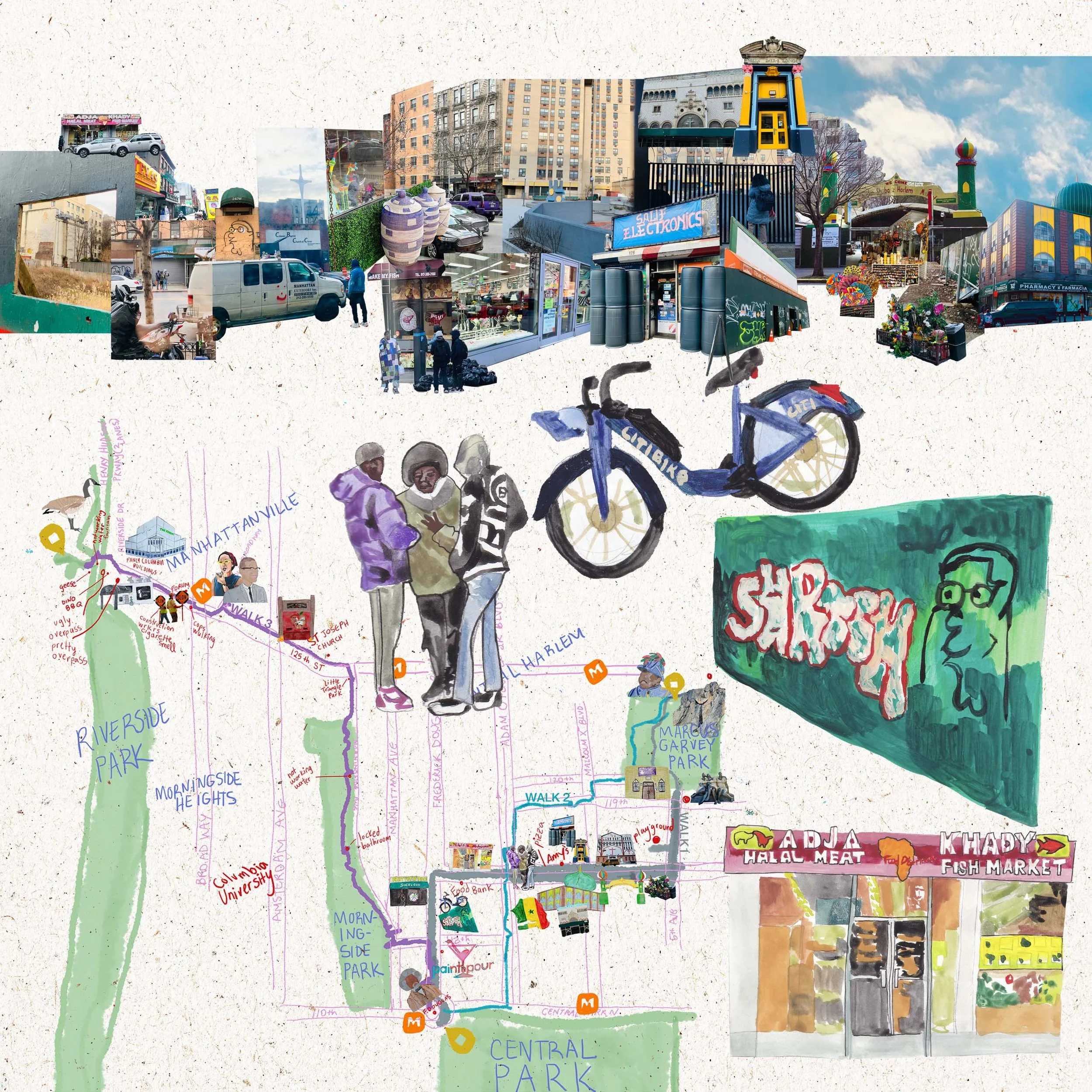 Colorful city map of Manhattan, highlighting parks, streets, and landmarks. The top features a collage of street scenes, graffiti art, and a bicycle. Includes illustrations of people, street signs, and businesses.