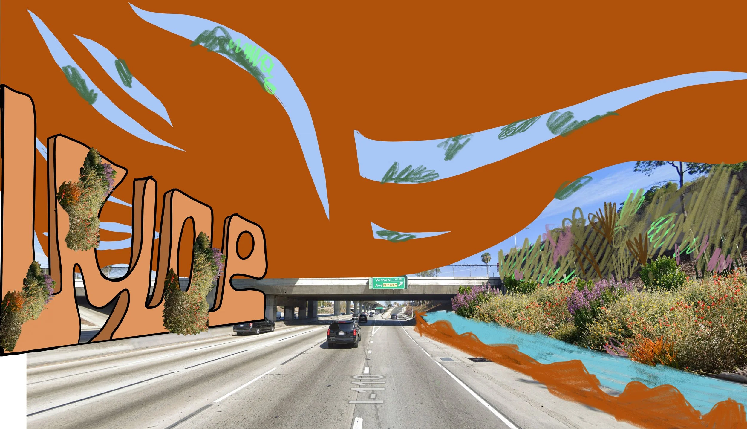 A digitally edited photo of a highway with cars, overpass, and greenery, with hand-drawn orange, green, and blue elements and text reading 'rve' on the left side.