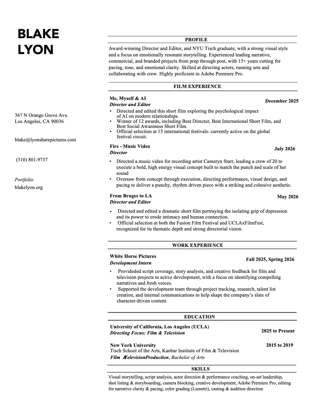 A resume for Blake Lyon. It includes contact information, a profile summary, film experience, work experience, education, and skills.