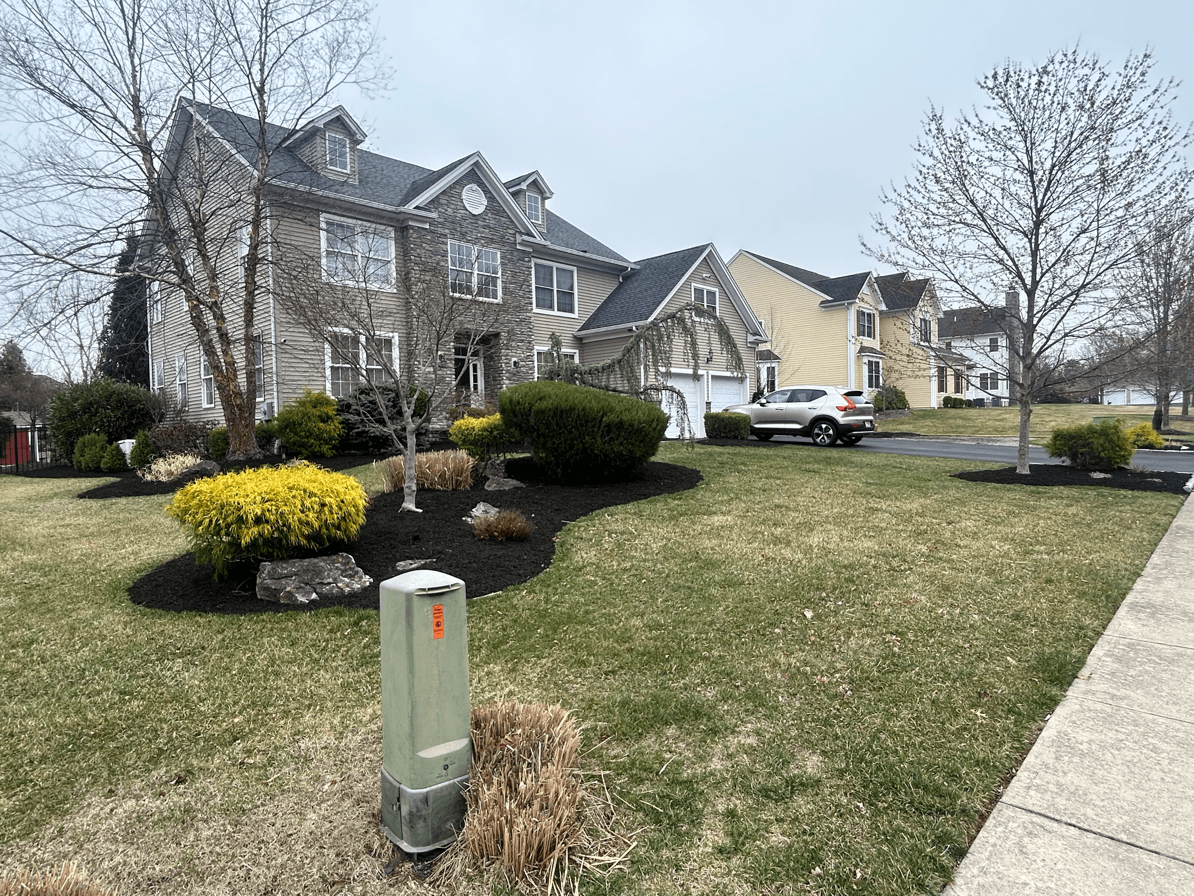 Residential neighborhood with large houses, well-maintained lawns, leafless trees, and a parked silver SUV along the street.
