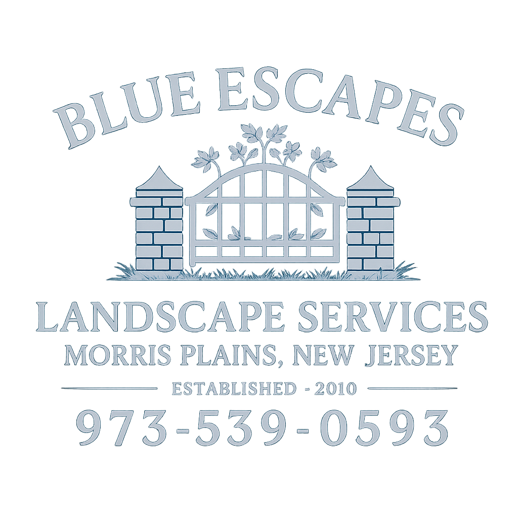 Logo for Blue Escapes Landscape Services in Morris Plains, New Jersey, established in 2010, featuring a decorative gate with flowers and the contact number 973-539-0593.