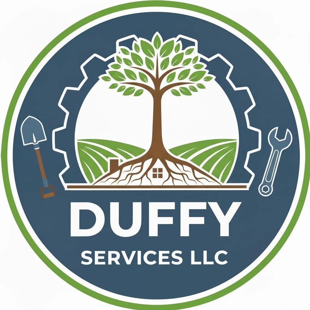 Logo for Duffy Services LLC featuring a large tree with green leaves, a house at the roots, surrounded by fields, and tools like a shovel and wrench on either side.