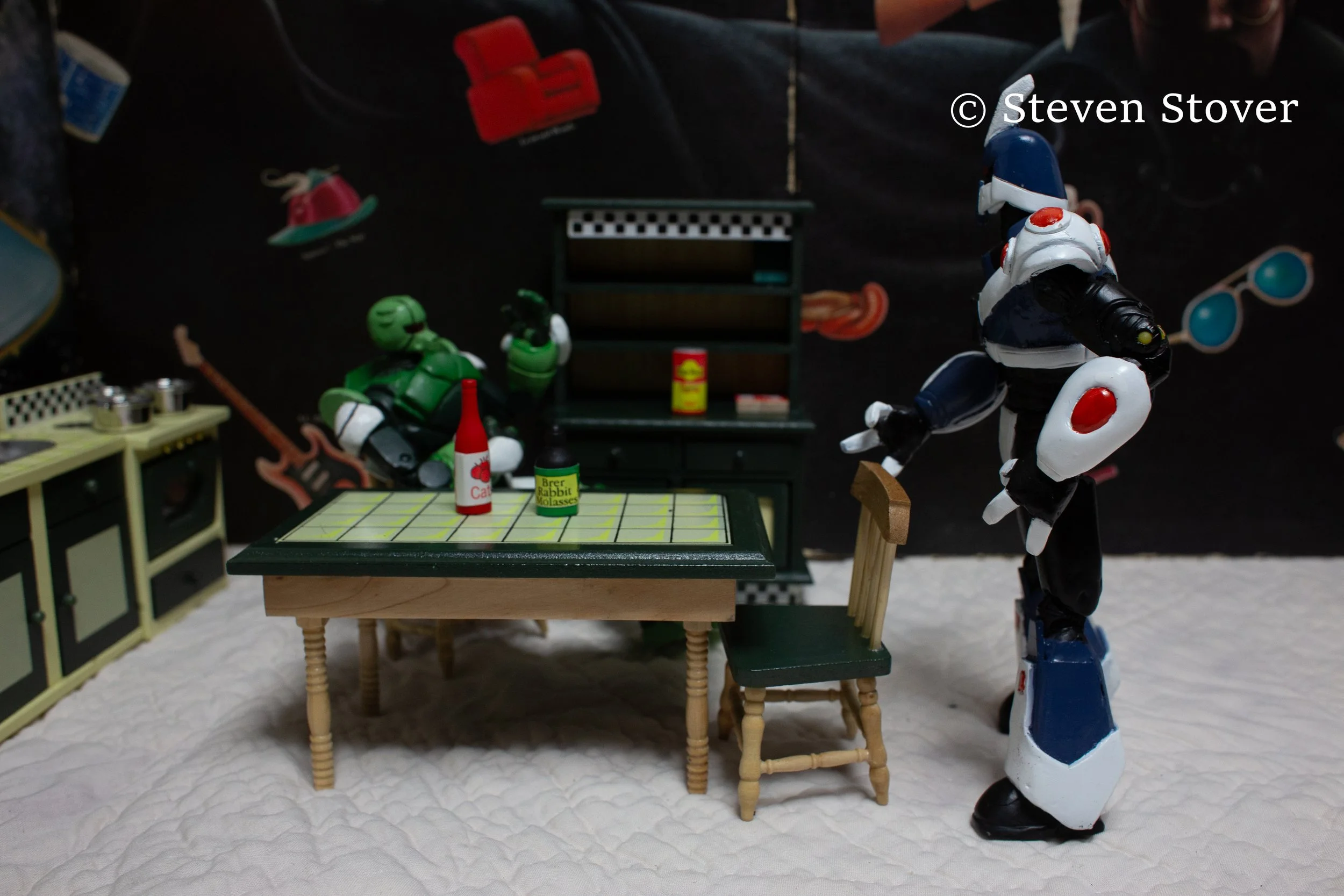 this shot of Sheek standing gives a great view of the wall paper. I think the blackness of the background really brought out the tacky green furniture set. 