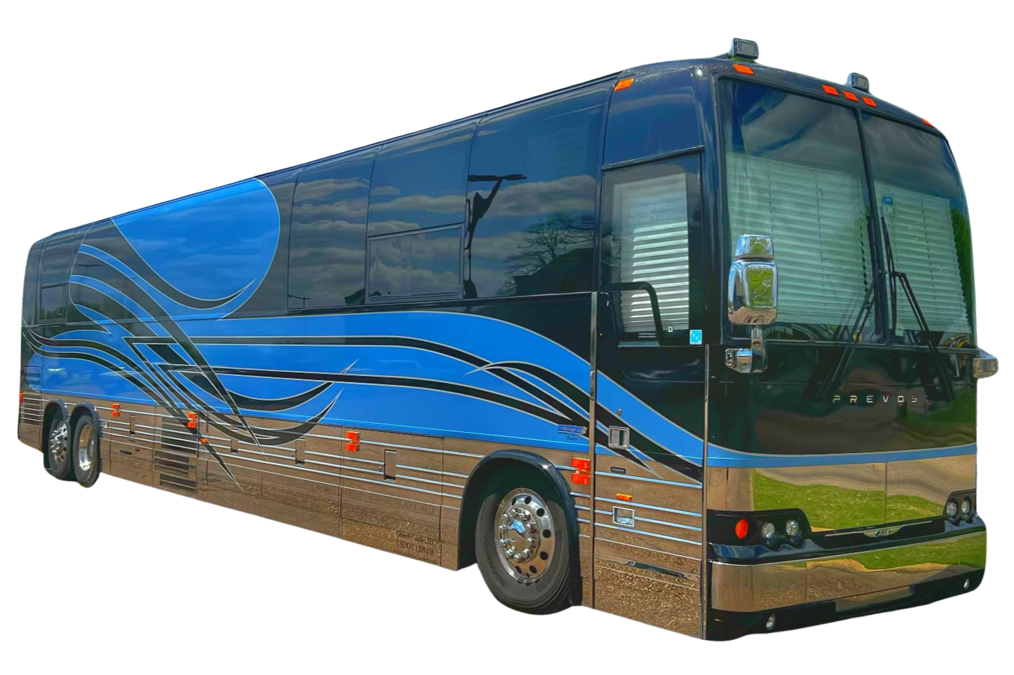 Black and blue Prevost tour bus with a wave design, chrome accents, and large mirrors.