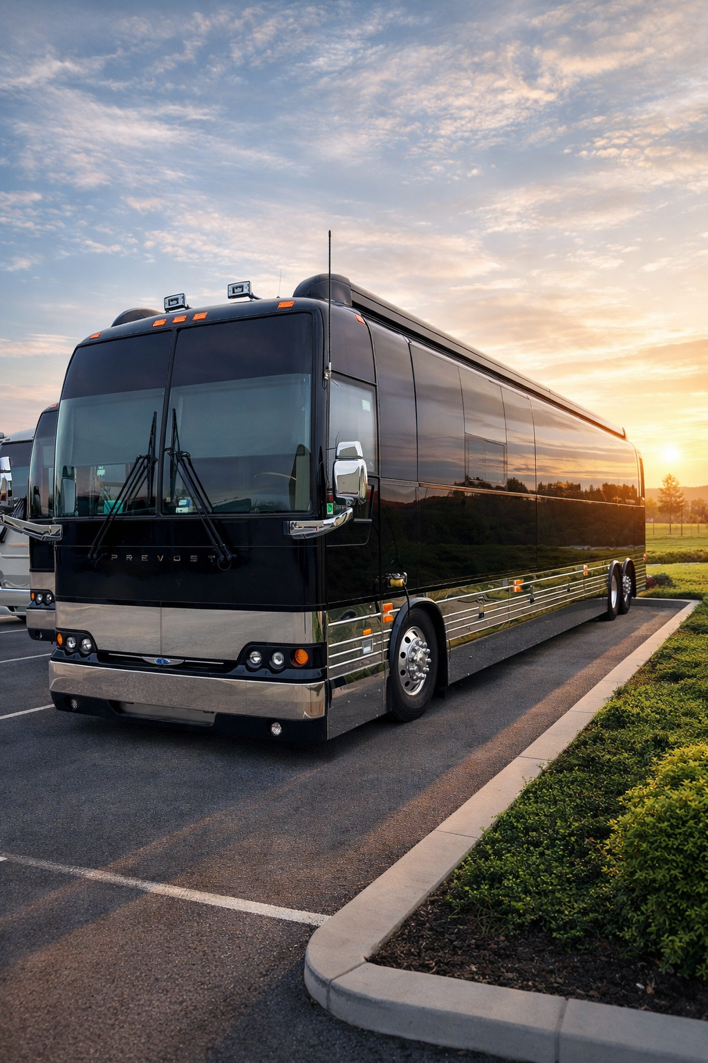 A black luxury bus parked in an outdoor lot at sunset.