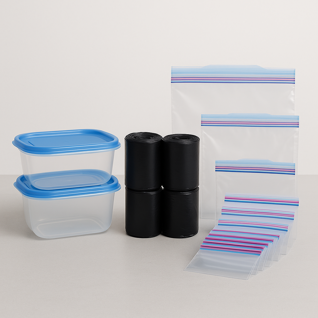 2 Tupperware, 4 Trash bags, 2 Ziploc Bags-Gallon, 4 Ziploc Bags-Quart, and 8 Ziploc Bags-Sandwich