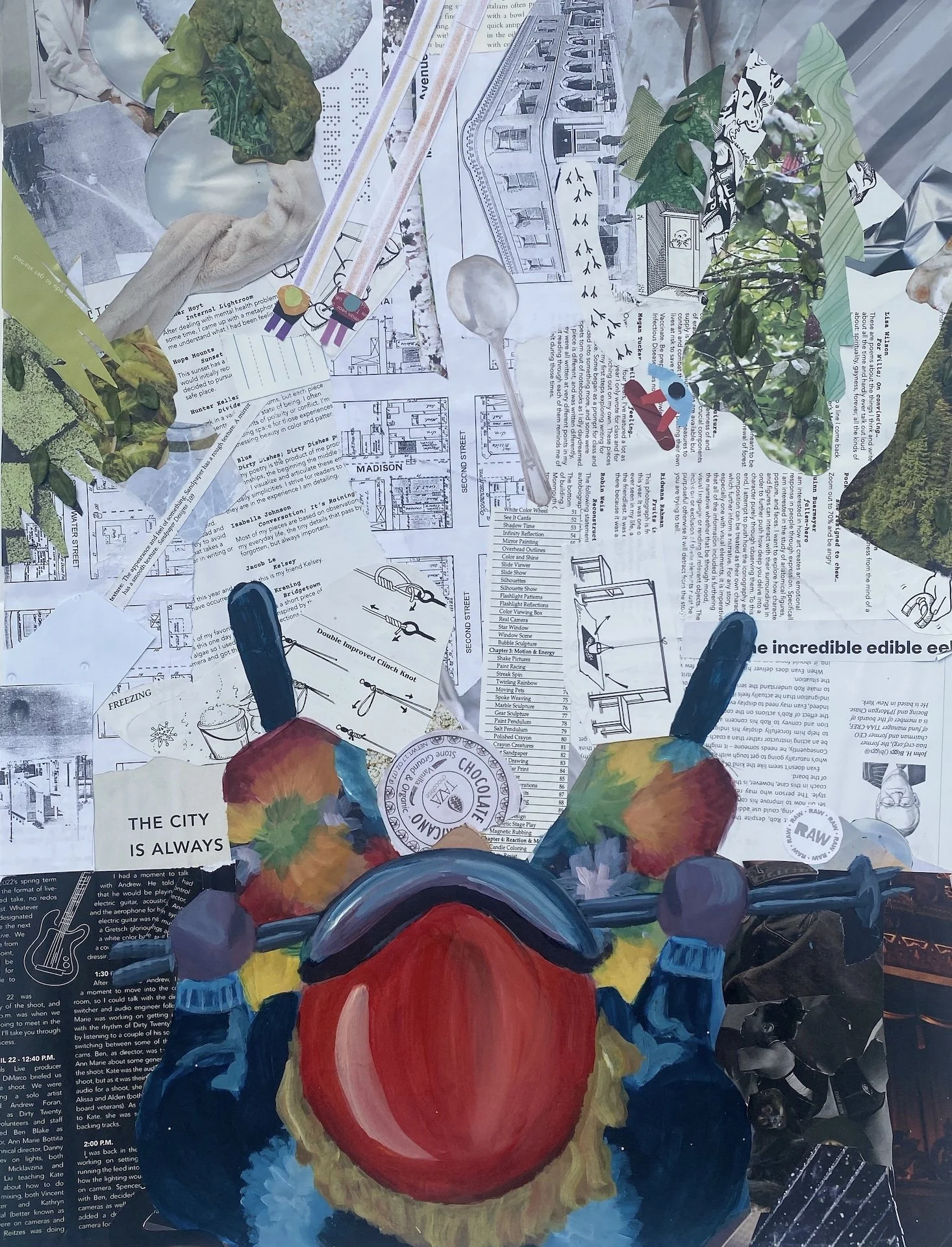 Skiing Narrative: 1 Top Down, 2024, Acrylic, Paper Collage, Leaves, Glass Beads and Glue on Matboard, 24 x 18 in.