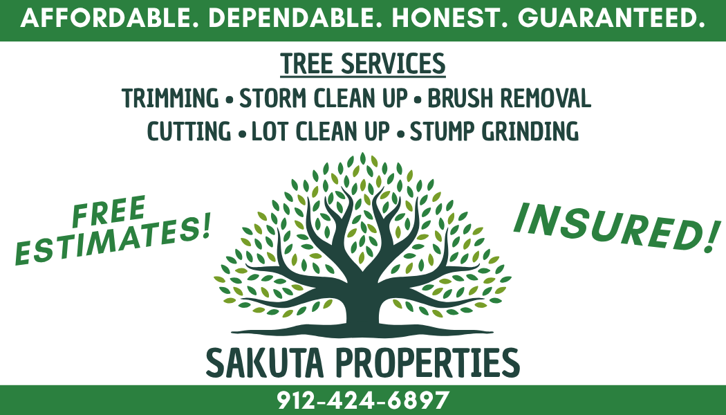 Advertising flyer for Sakuta Properties offering tree services like trimming, storm clean-up, brush removal, cutting, lot clean-up, and stump grinding. The flyer mentions free estimates and insurance coverage, with a large tree illustration and contact number 912-424-6897.
