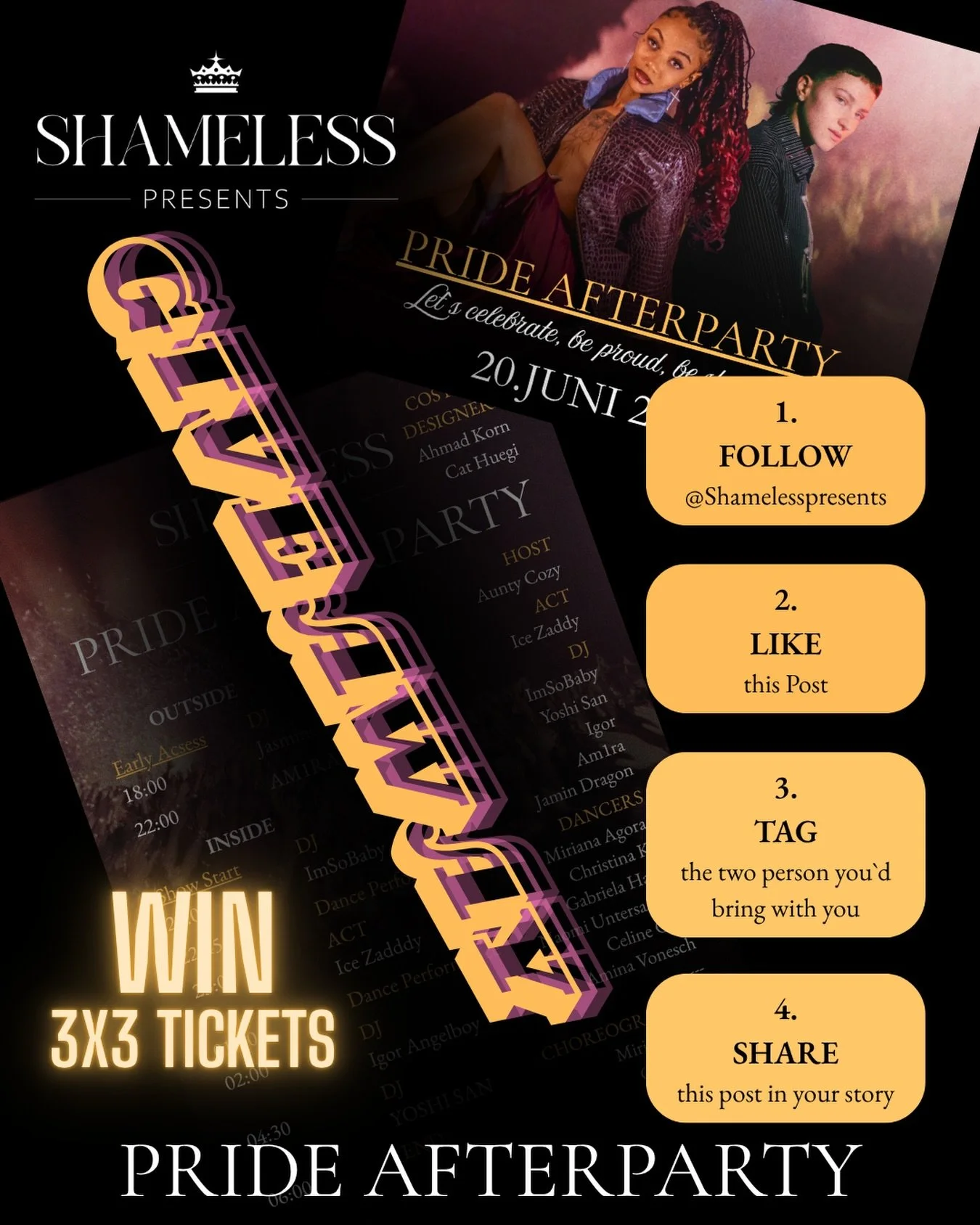 🎟 GIVEAWAY TIME 🎟
Pride Afterparty, we&rsquo;re giving away 3&times;3 tickets! 🌈✨
⏳ Giveaway ends in 72 hours

How to enter:
1. Follow @shamelesspresents
2. Like this post
3. Tag the two people you&rsquo;d bring with you
4. Share this post to your