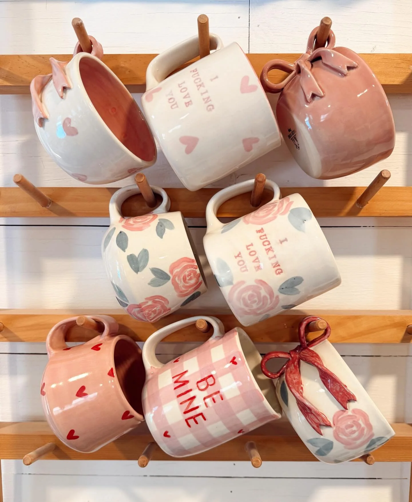 Over here still wishing I kept that little rose mug in the middle 🥹 maybe I don&rsquo;t dump that mixed glaze after all.. we need more pastels. 

#pottery #handmade #coffee #valorridgepottery #ceramic