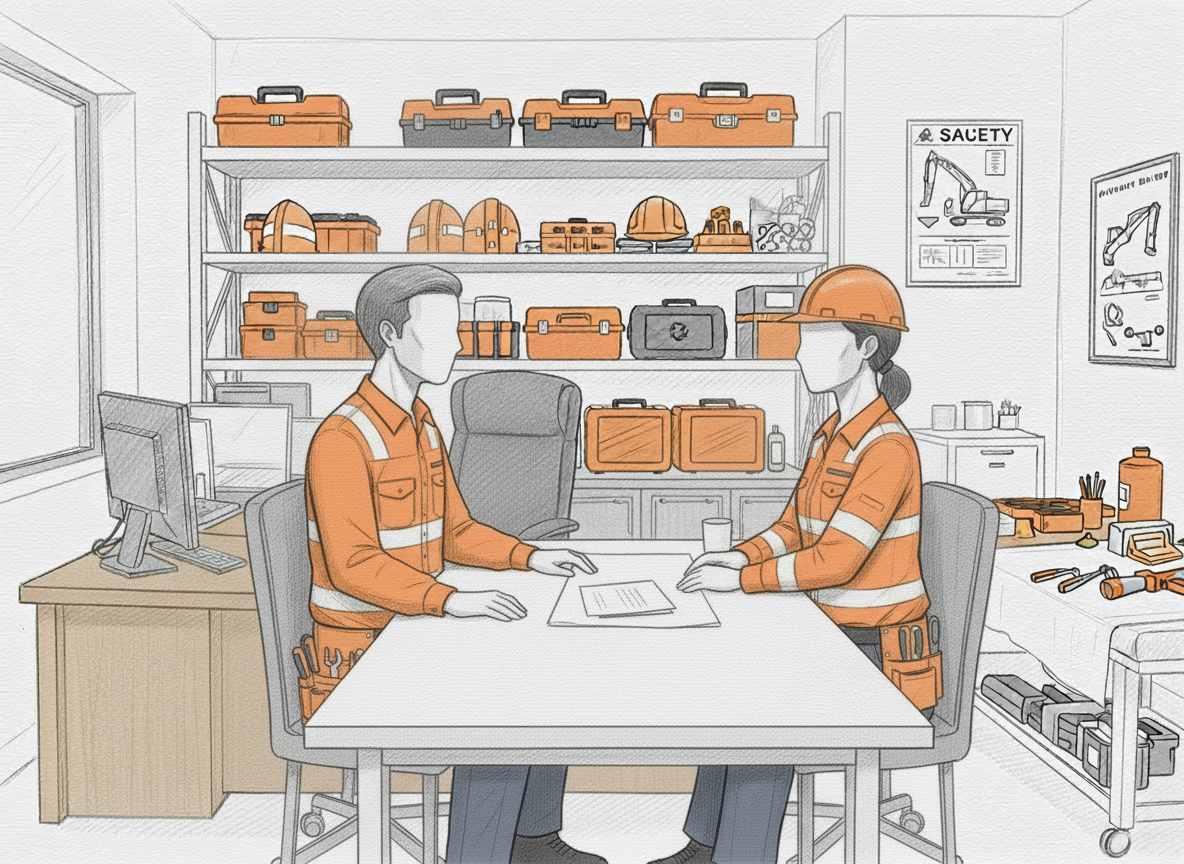 Two workers in safety uniforms, one male and one female, are sitting at a table in a workshop office, discussing a document. The woman is wearing a hard hat and the man has no headgear. Shelves behind them hold various safety helmets, tools, and storage boxes. There are safety posters on the walls and a desk with a computer and other tools.