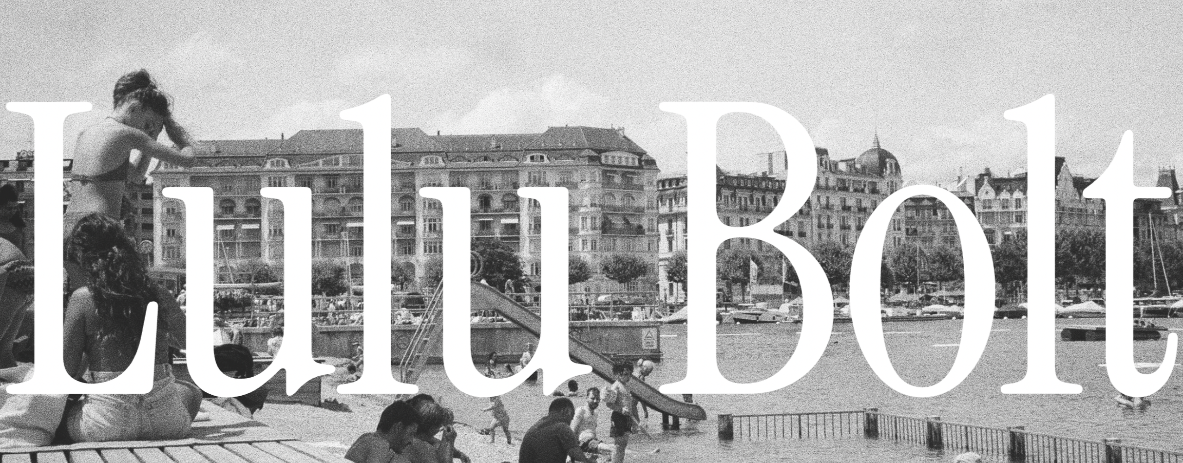 Black and white photo of a city waterfront with people relaxing, buildings in the background, and a large transparent text overlay reading 'Littleshot'