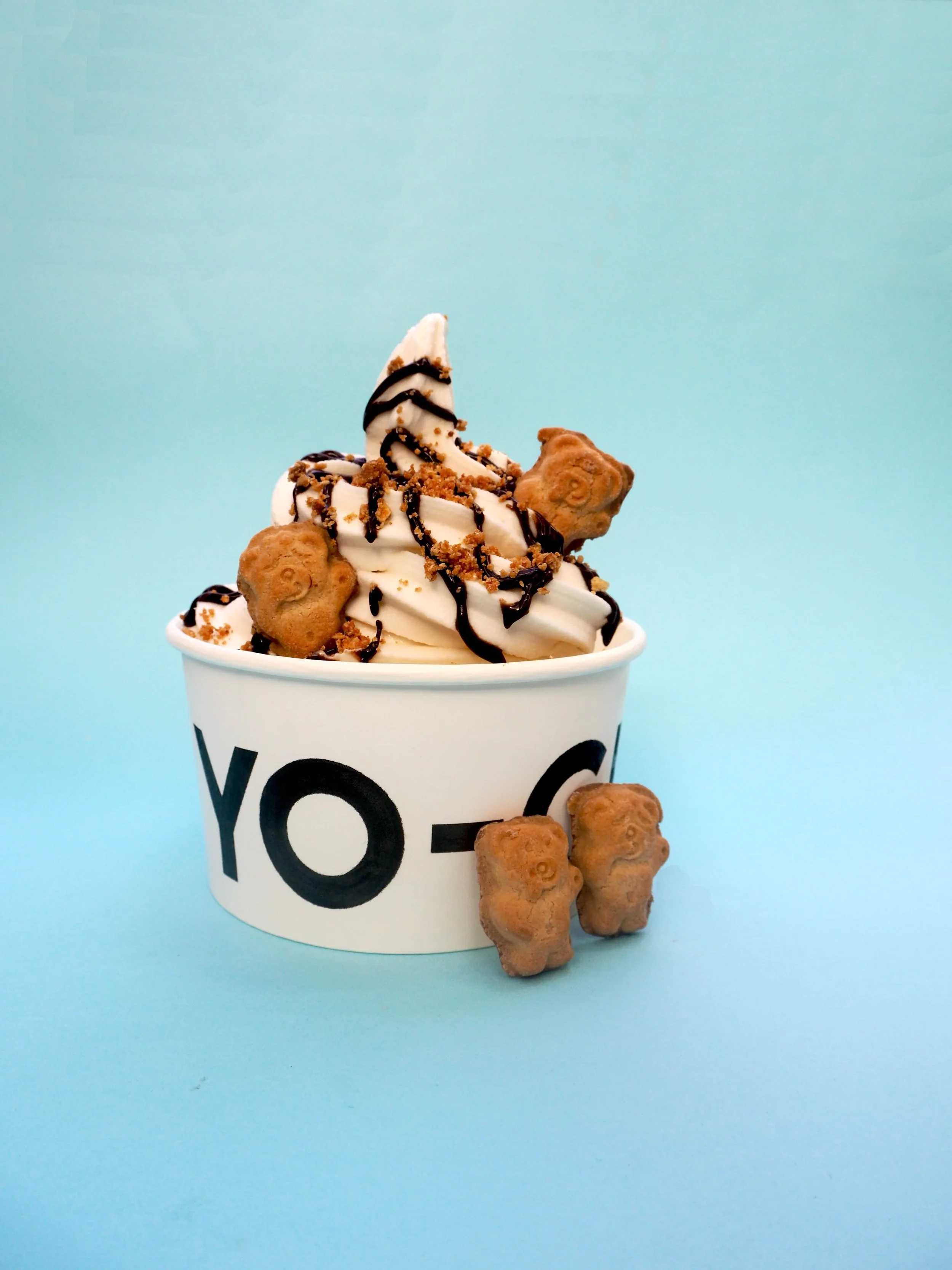 A cup of vanilla soft serve ice cream topped with chocolate drizzle, cookie crumbles, and bear-shaped cookies, with two bear cookies outside the cup, against a light blue background.