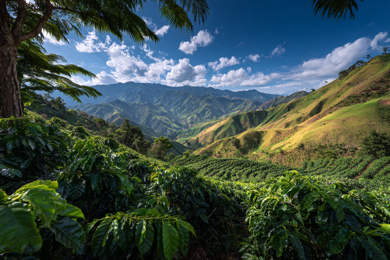 Lush green mountain landscape with rolling hills, coffee plants in the foreground, large trees, and a bright blue sky with scattered clouds.