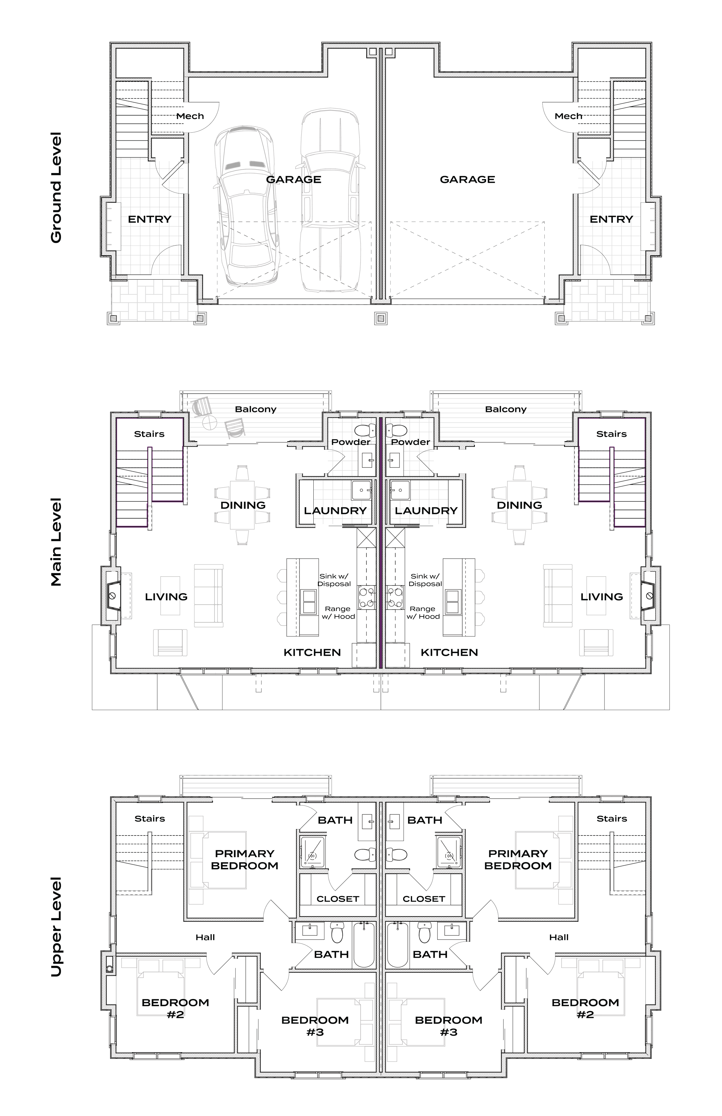 Floor plans of a three-story, 3 bed, 2.5 bath, townhome. Including a ground level garage, main living area with balconies, and upper level bedrooms with primary suites and shared bathrooms.