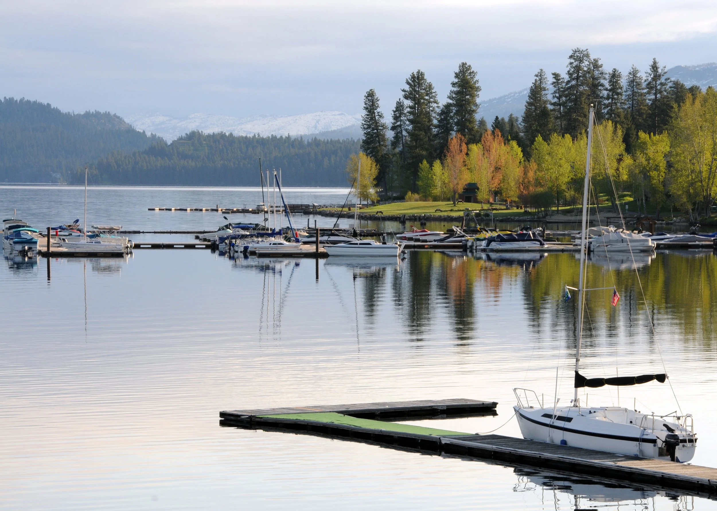A peaceful lakeside scene on the Payette Lake in McCall, Idaho with multiple sailboats and motorboats docked at a marina, surrounded by green trees and distant snow-capped mountains.