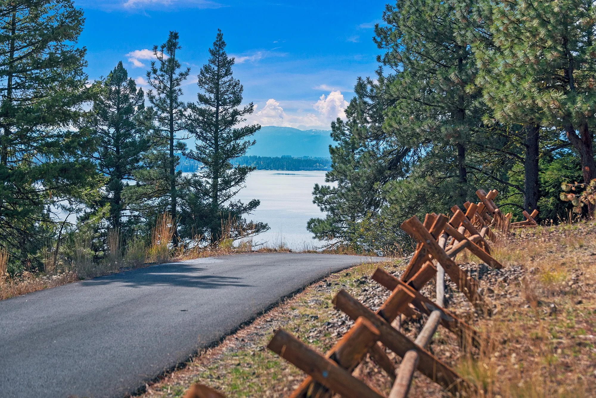 A paved pathway flanked by pine trees and a wooden fence on the right, leading toward a view of Lake Payette with mountains in the background under a blue sky with clouds.