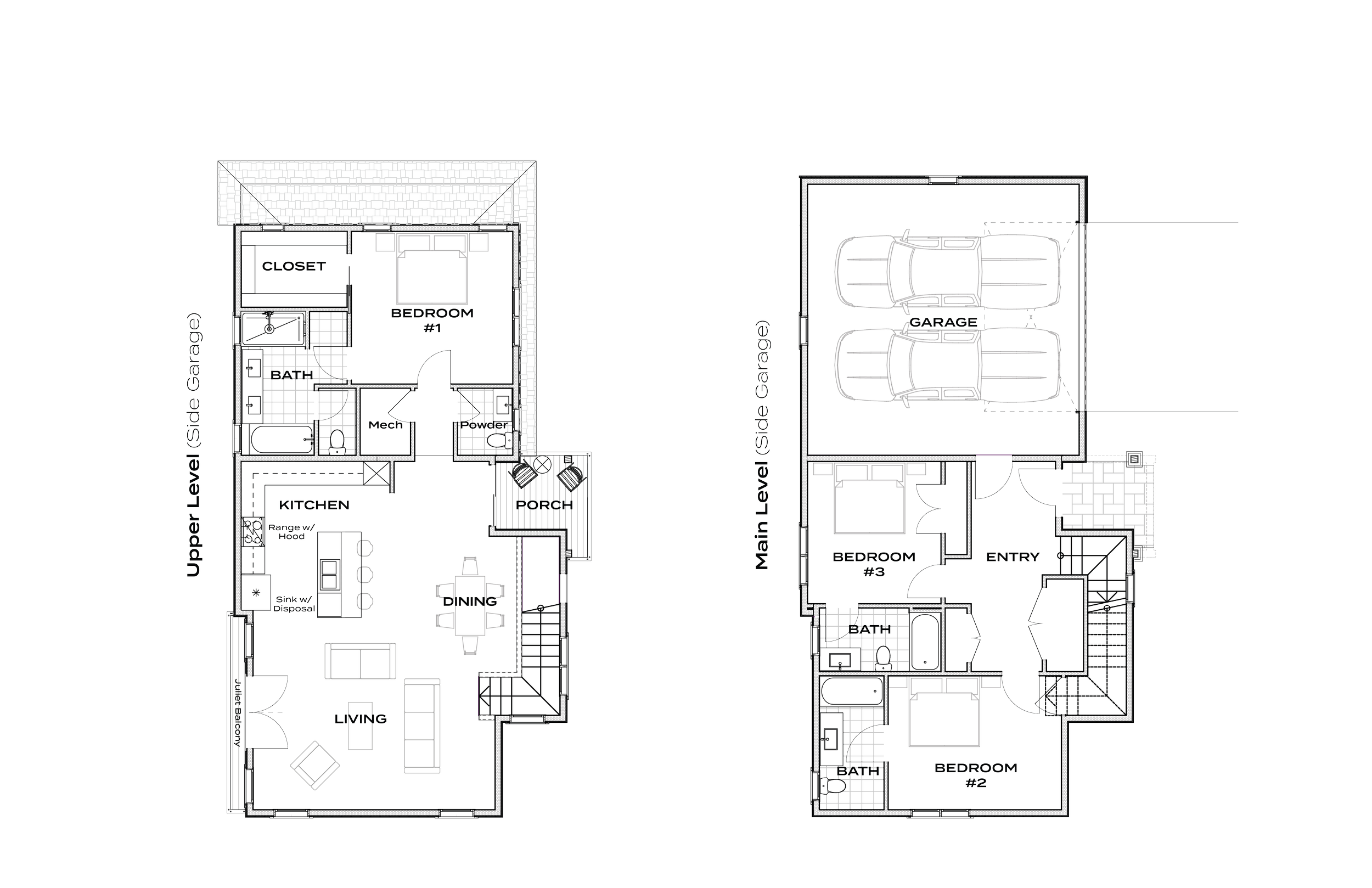 Floor plan of a two-story single-family home with 3 bed, 3.5 bath, and 2 car garage (off the side). Shows the main level and upper level, including rooms like living room, dining area, kitchen, bedrooms, bathrooms, garage, and porch.