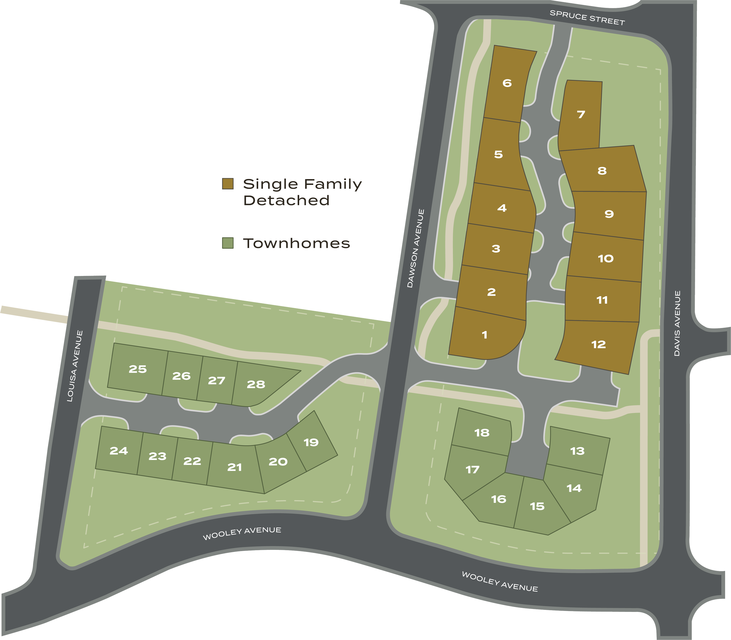 Overhead  plat map of the Dawson Trails residential community showing 12 single-family detached homes in brown and 14 townhomes in green