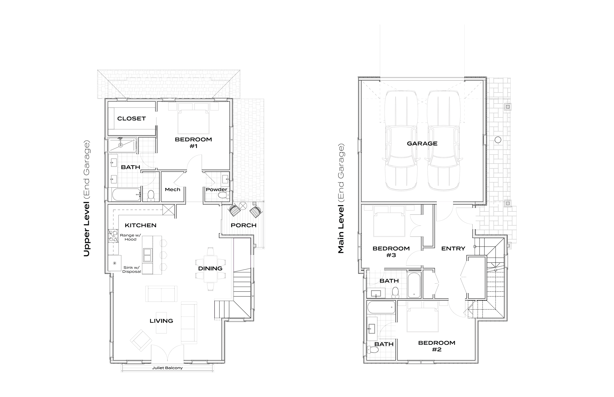 Floor plan of a two-story single-family home with 3 bed, 3.5 bath, and 2 car garage (off the end). Shows the main level and upper level, including rooms like living room, dining area, kitchen, bedrooms, bathrooms, garage, and porch.