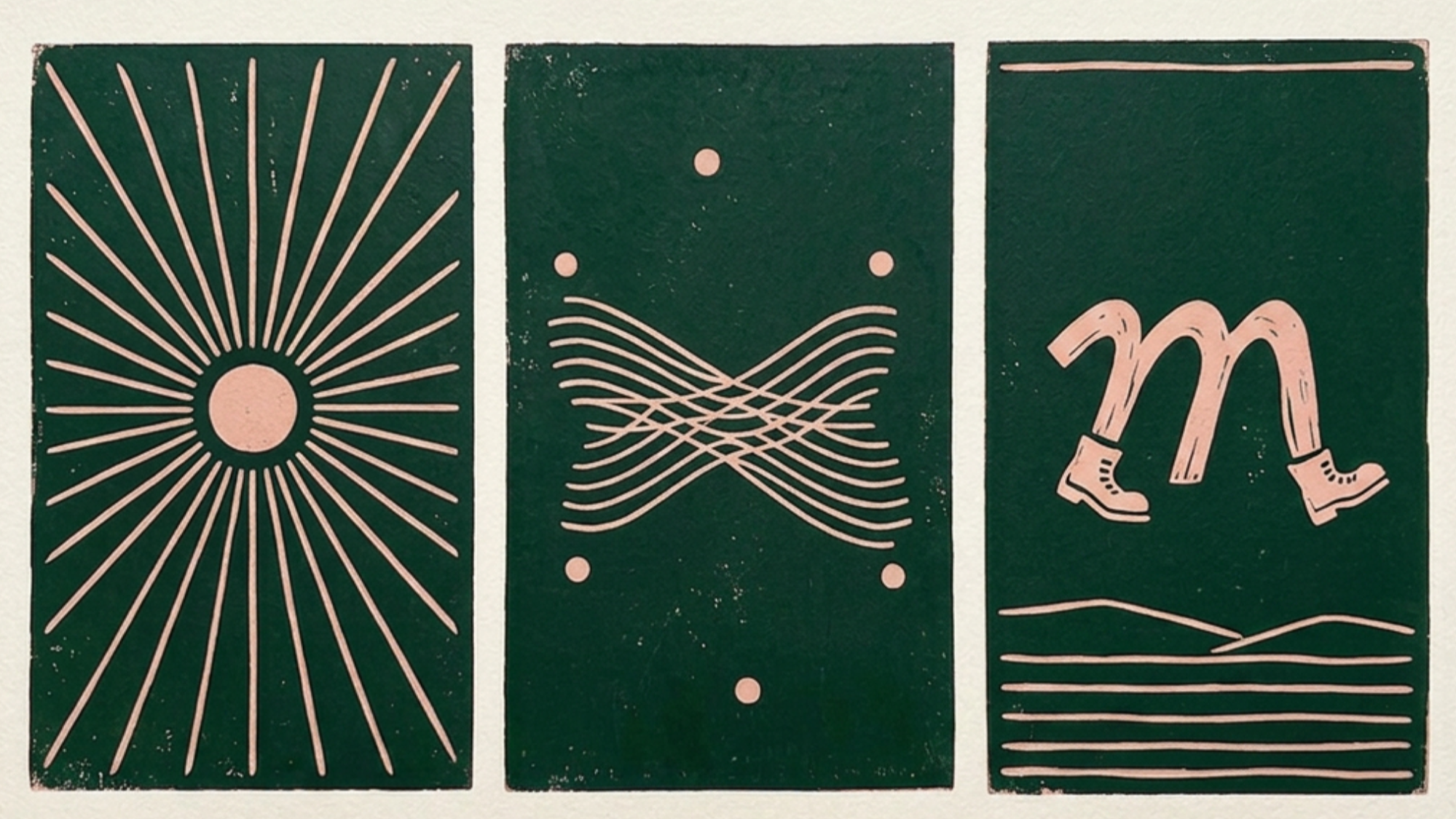 Three illustrated panels with abstract designs, including a sunburst - we start where you are, converging lines with dots above and below representing mapping the emotional terrain and a cheeky m wearing boots striding over the landscape