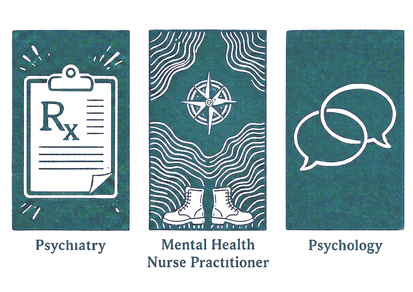 Three sections labeled Psychiatry, Mental Health Nurse Practitioner, and Psychology. The Psychiatry section displays a clipboard with a prescription form. The Mental Health Nurse Practitioner section contains a compass, a pair of boots, and wavy lines. The Psychology section shows two overlapping speech bubbles.