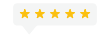 Five gold stars in a row inside a speech bubble.