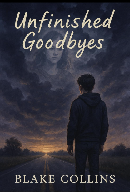 Book cover for 'Unfinished Goodbyes' by Blake Collins, featuring a young man in a hoodie walking on an empty road at sunset with a large, ghostly face of a young woman in the dark sky above.