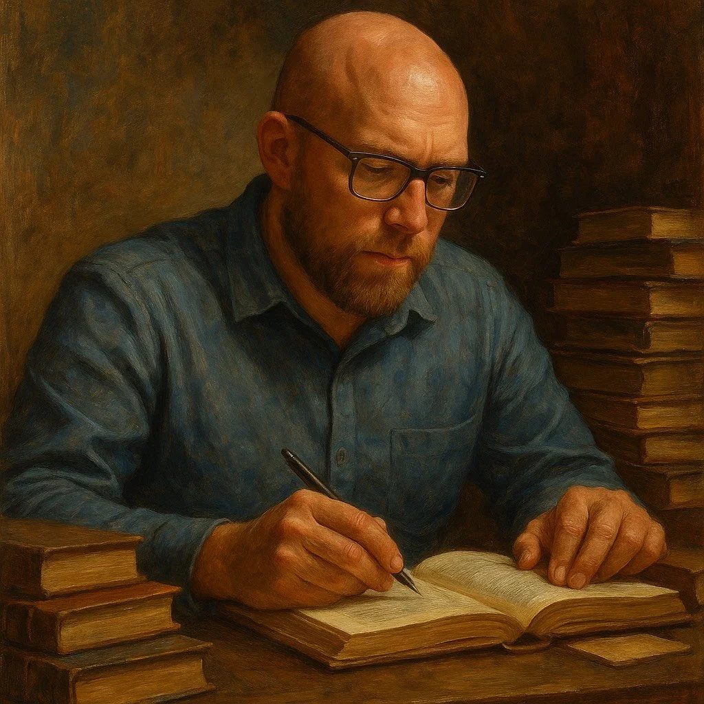 A man with glasses, a beard, and a bald head wearing a blue shirt is writing in an open book surrounded by tall stacks of books.