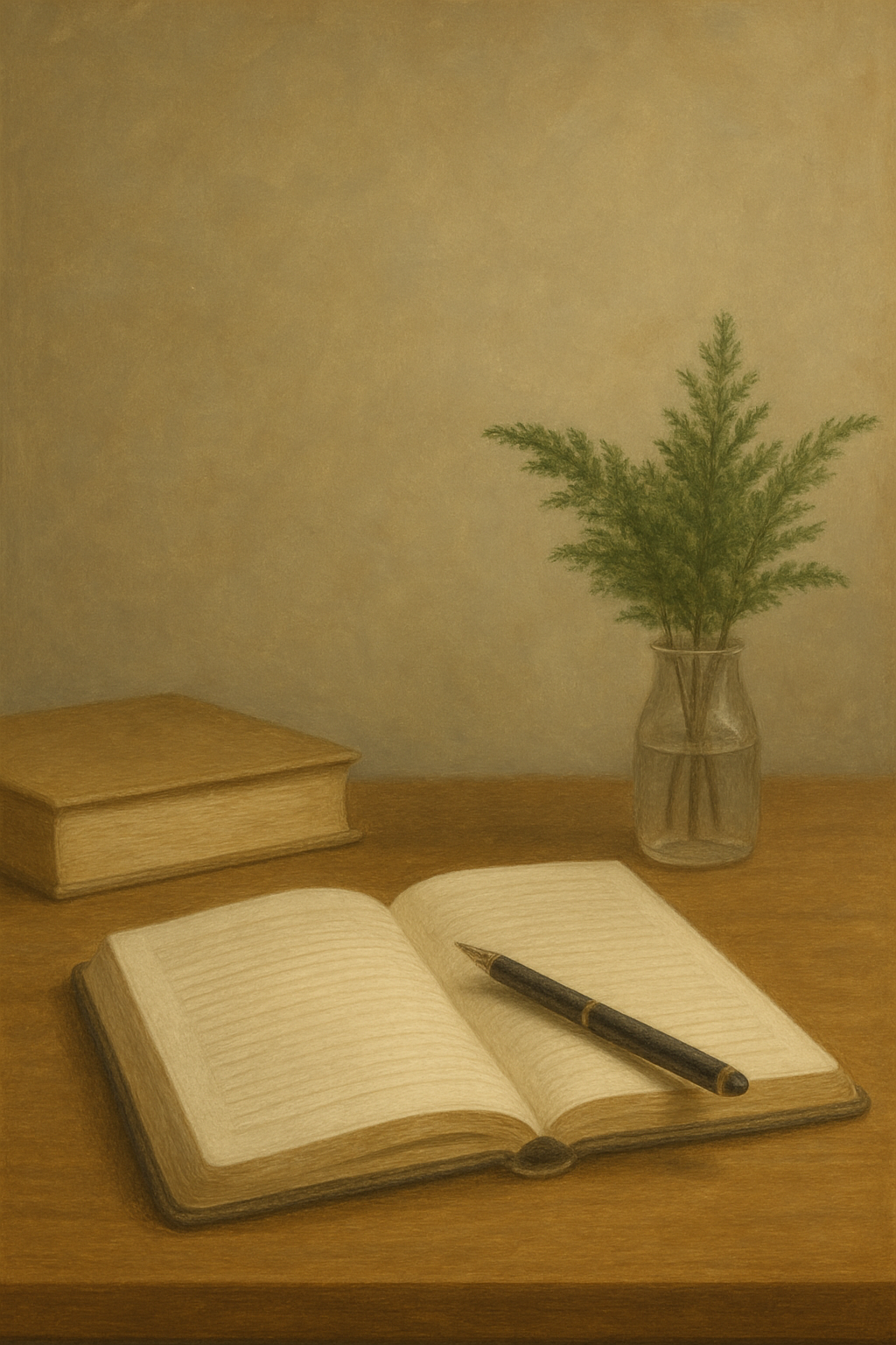 Open notebook with blank lines and a black pen on a wooden desk, alongside a closed book and a glass vase with green foliage, against a plain wall background.