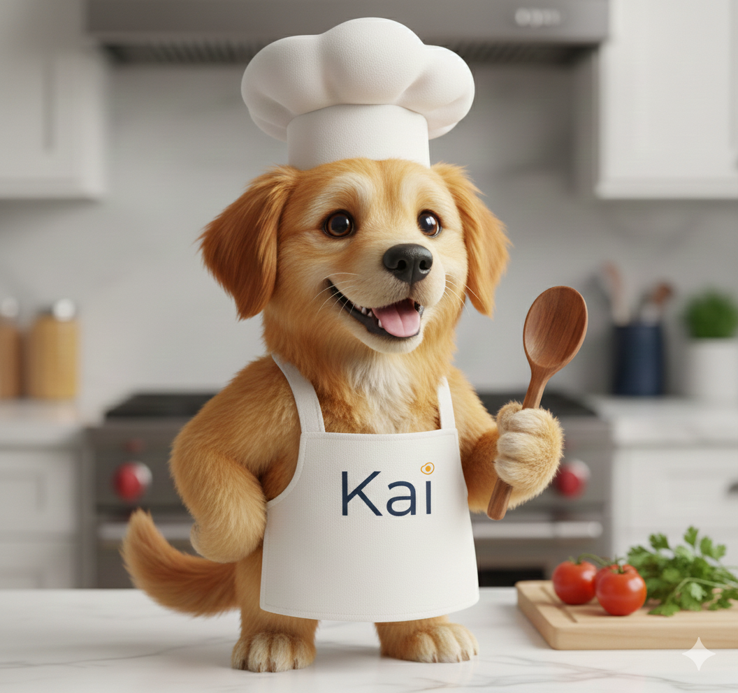 Asistente Virtual de Cozinha. Representada por uma cachorro com chapéu de chef, avental com o nome 'Kai', com um ovo frito no pingo do i, segurando uma colher de pau, em uma cozinha  branca com tomates e ervas ao fundo.