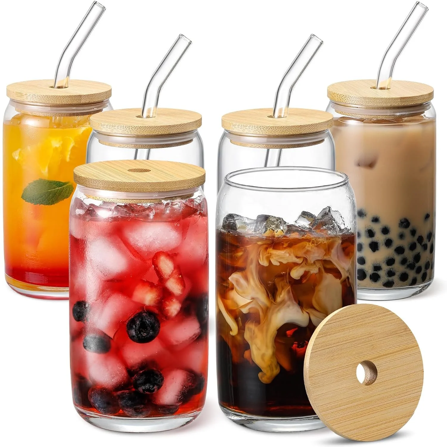 Glass Cups with Bamboo Lids and Glass Straw