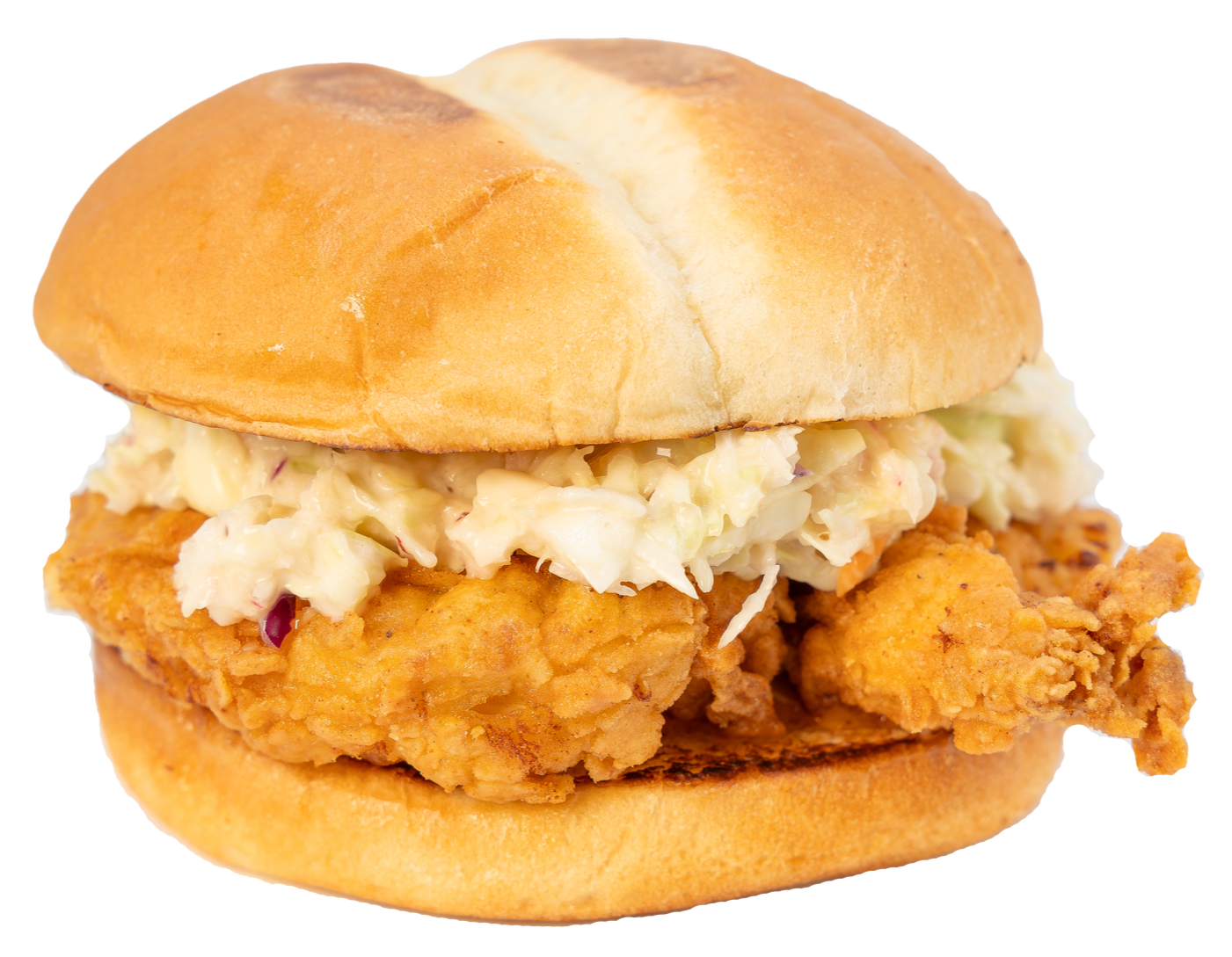 Fried chicken sandwich with coleslaw on a soft bun