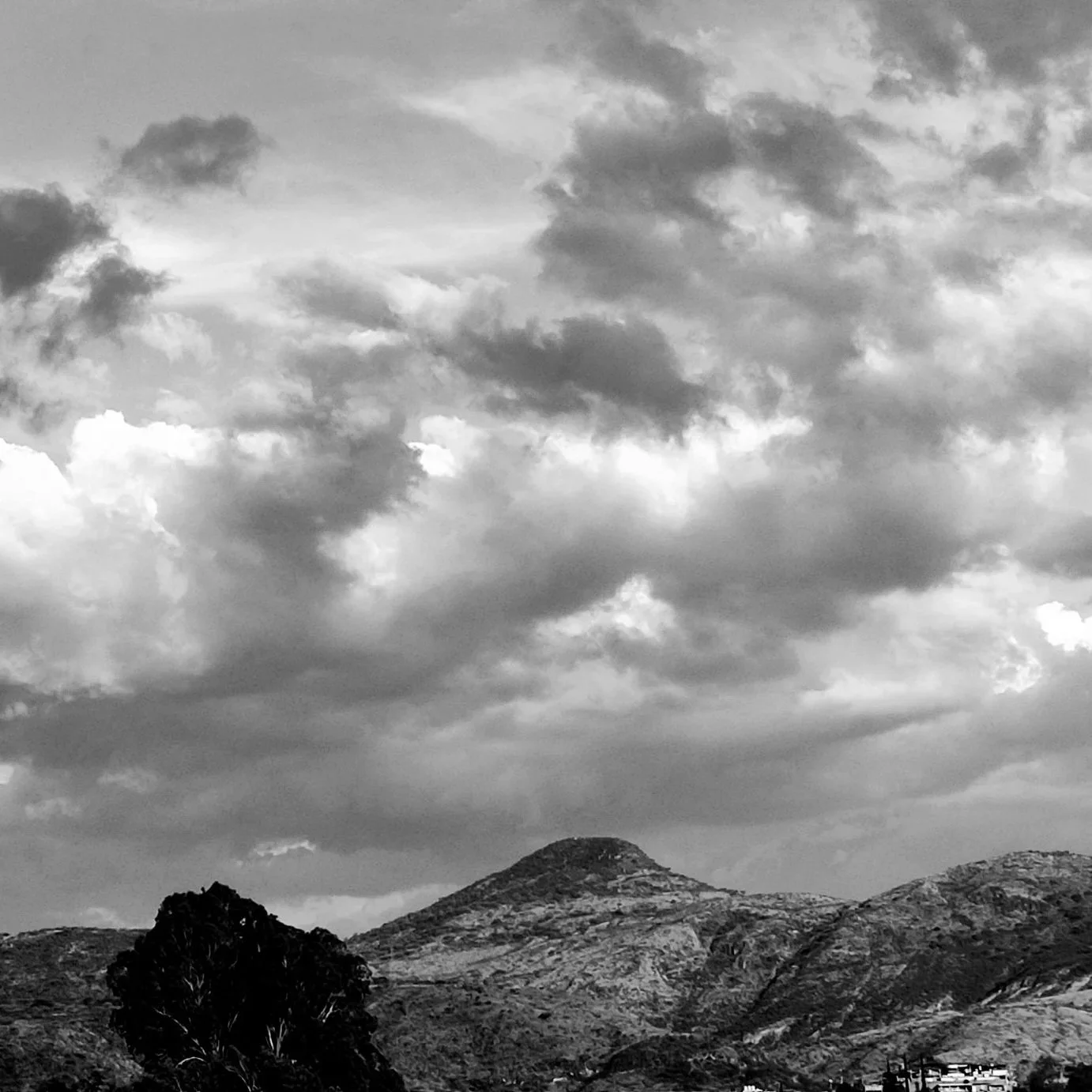 Montañas con picos rocosos y un árbol grande en primer plano, con un cielo nublado en el fondo.