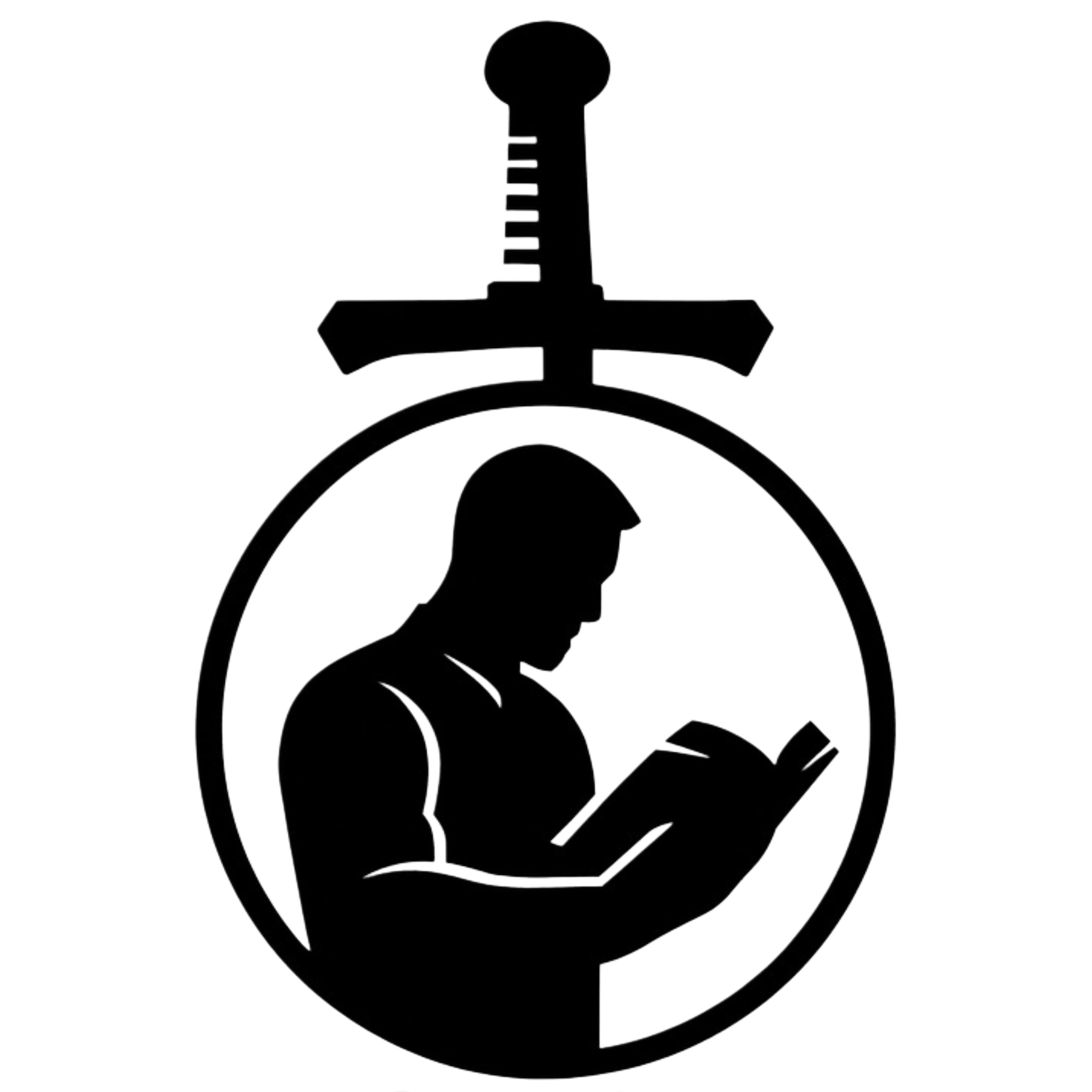 Silhouette of a man reading a book inside a circle, with a ruler and pen above, on a black background.