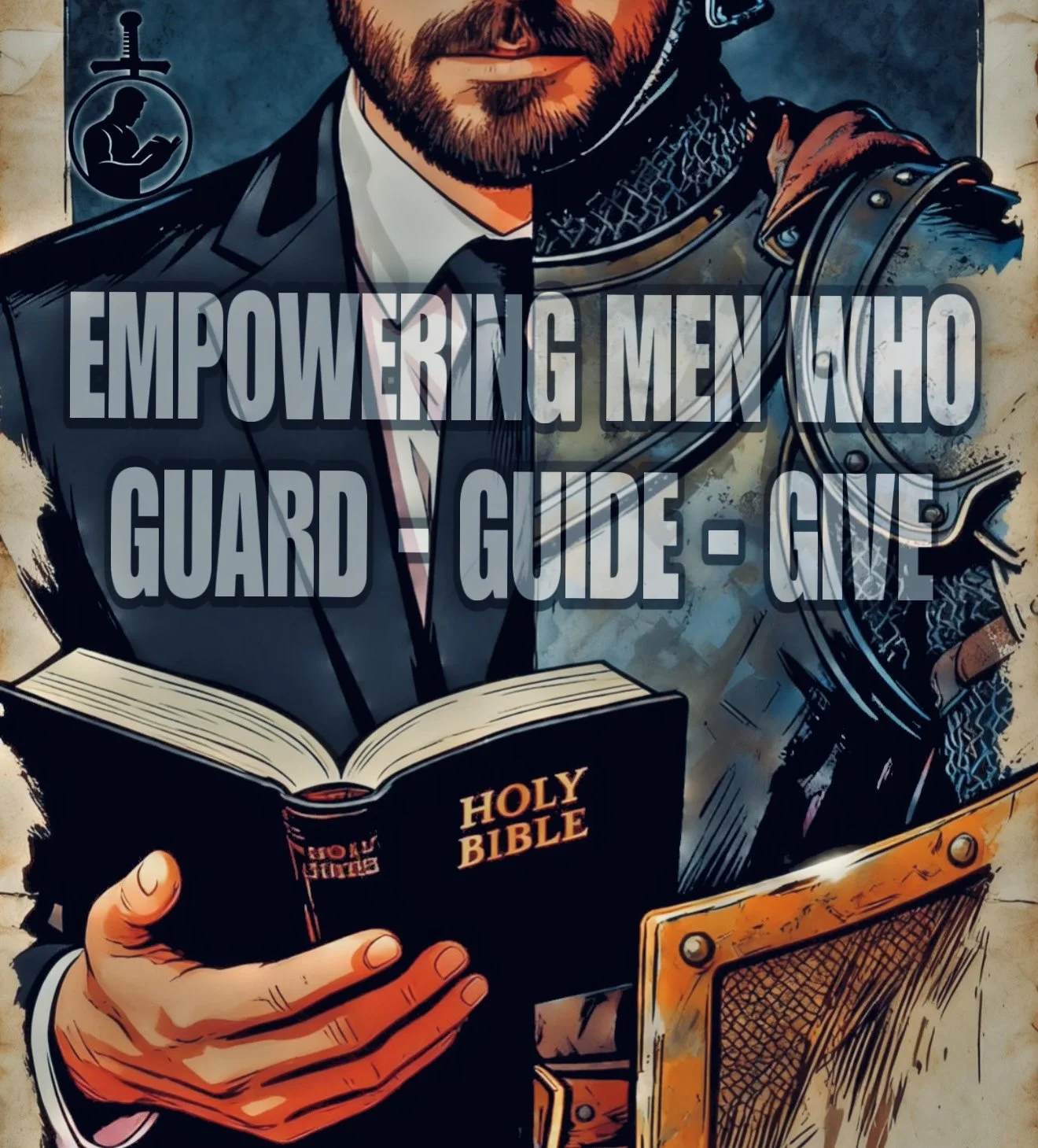Digital illustration of a man holding a Holy Bible, dressed in a suit and armor, with the text 'Empowering Men Who Guard' Guide - Gift overlayed.