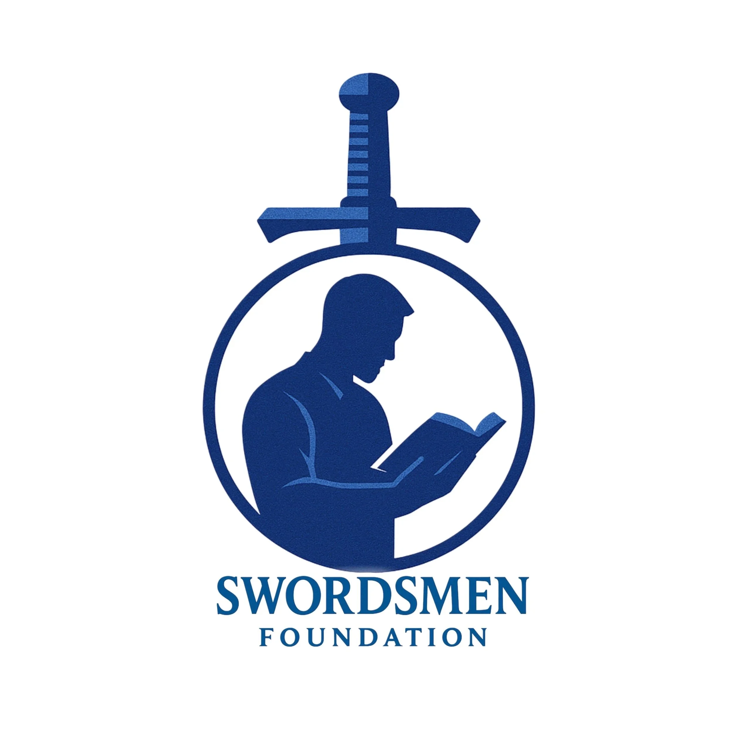 Logo for the Swordsmen Foundation featuring a blue silhouette of a man reading a book, with a sword above him and the foundation's name below.