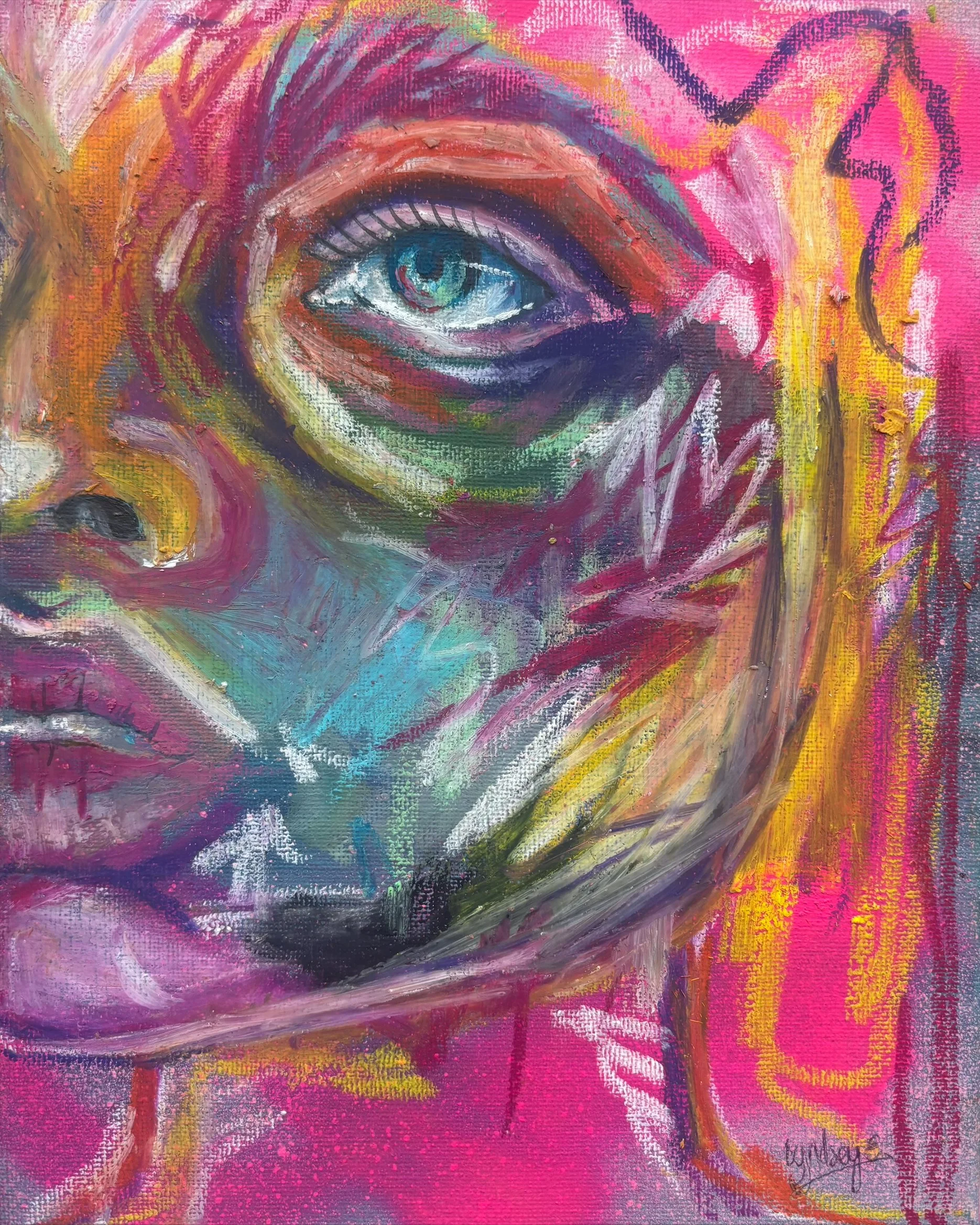 Colorful abstract painting of a human face, focusing on a single blue eye, with vibrant brushstrokes in pink, yellow, purple, green, and orange.