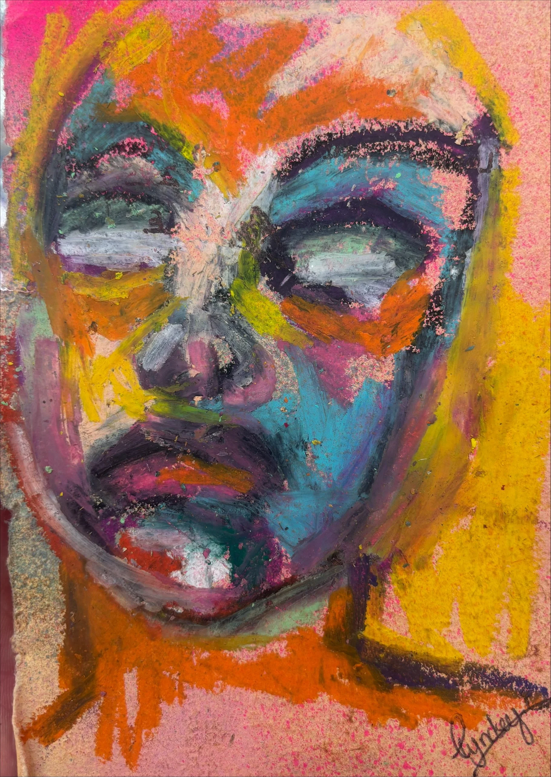 Colorful abstract portrait of a person's face with closed eyes, painted with bold brushstrokes in pink, orange, yellow, green, blue, purple, black, and white.